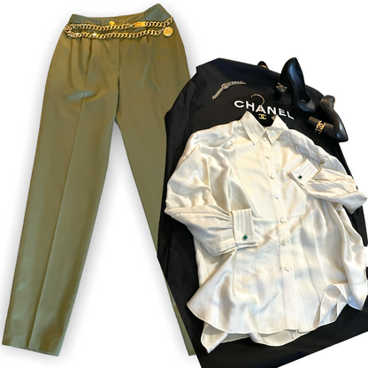 Vintage Chanel Women’s Military Green High-Waisted Wool & Silk Tailored Pants - photo 13 of 13