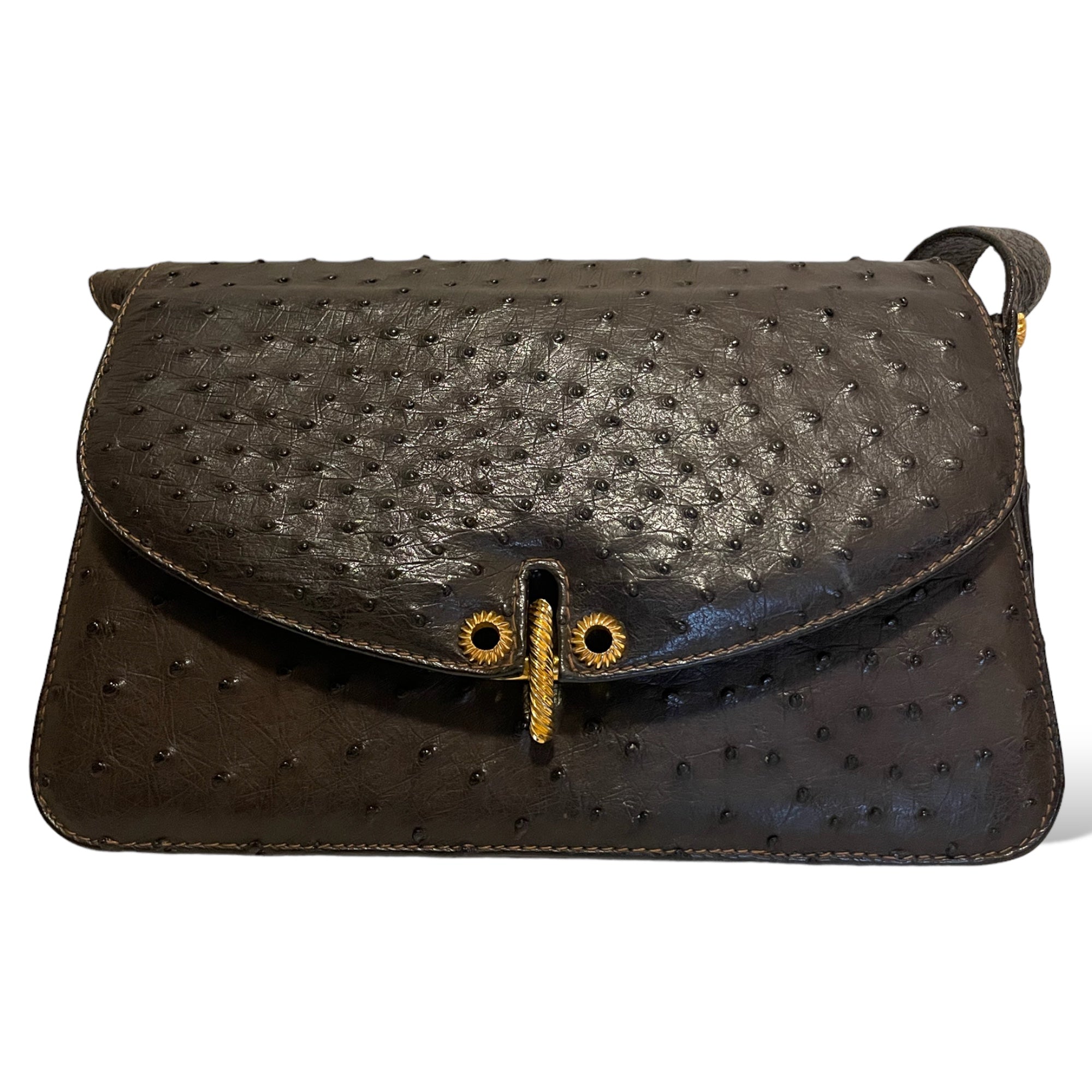 Gucci Vintage Circa 60’s Brown Ostrich leather & Braided Gold Hardware Detail Shoulder Bag