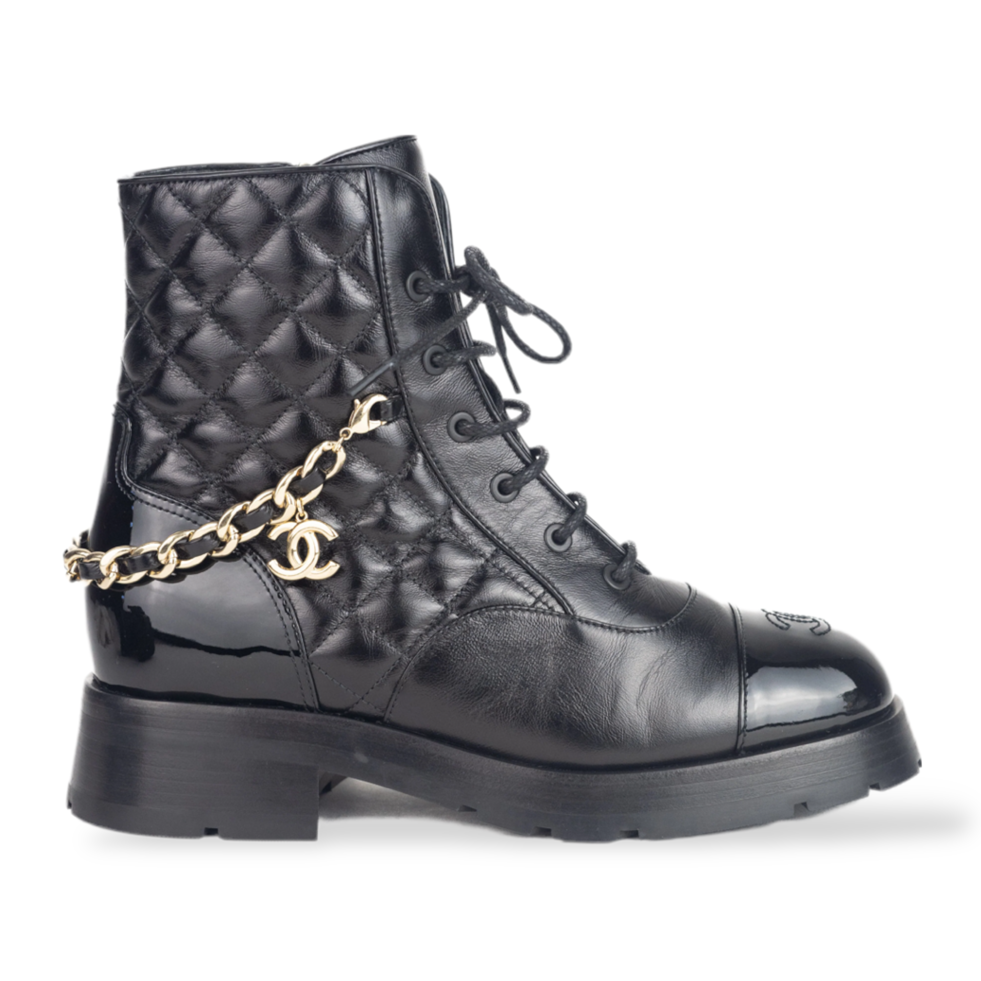 CHANEL, Shoes, Chanel 22b223 New Tag Classic Black Leather Boots Gold Cc  Chain Eu39 Us89