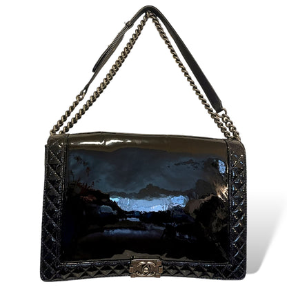 Chanel Reverso Boy Flap Bag Patent Large in Midnight Blue - main product photo