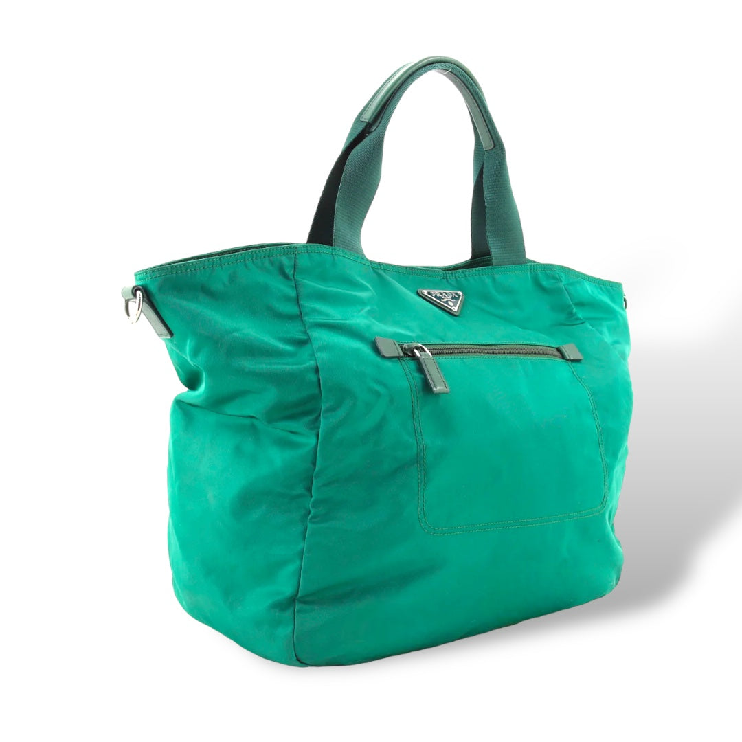 PRADA Convertible 2-Way Medium Tessuto Front Pocket Tote in Emerald Green