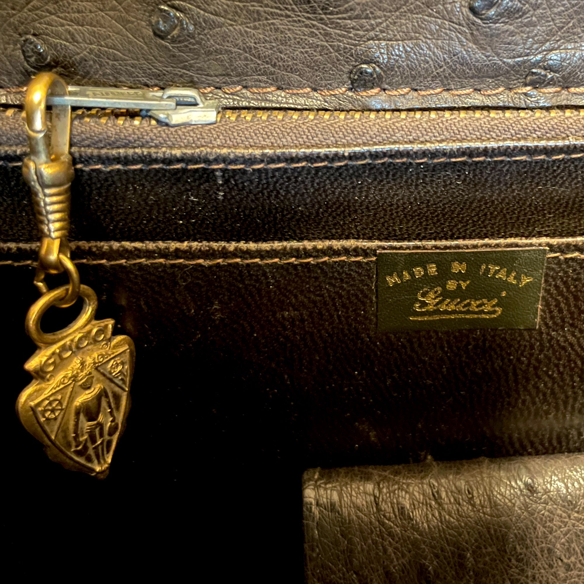 Gucci Vintage Circa 60’s Brown Ostrich leather & Braided Gold Hardware Detail Shoulder Bag