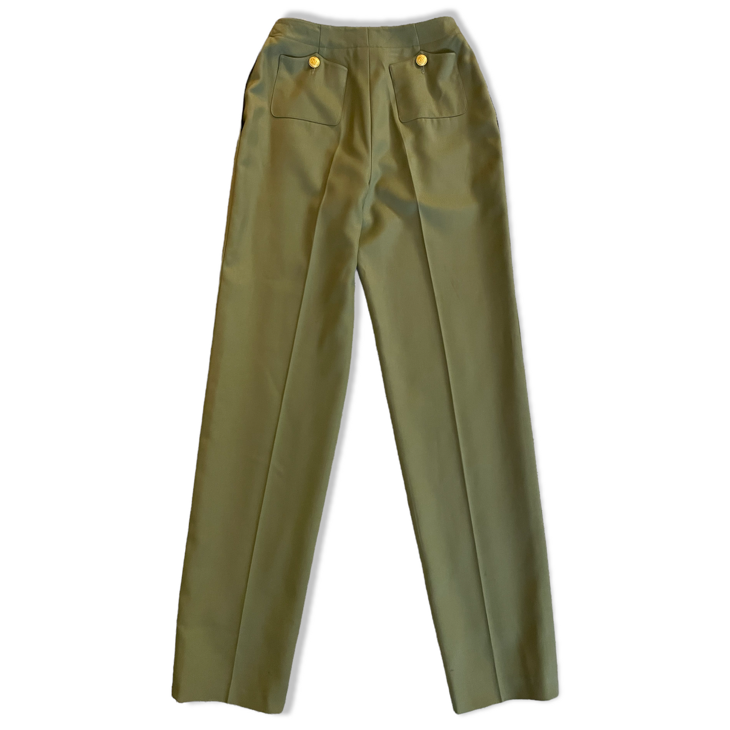 VINTAGE CHANEL  Women’s Military Green Stunning High-Waisted Wool & Silk Tailored Pants |Size: EU36|
