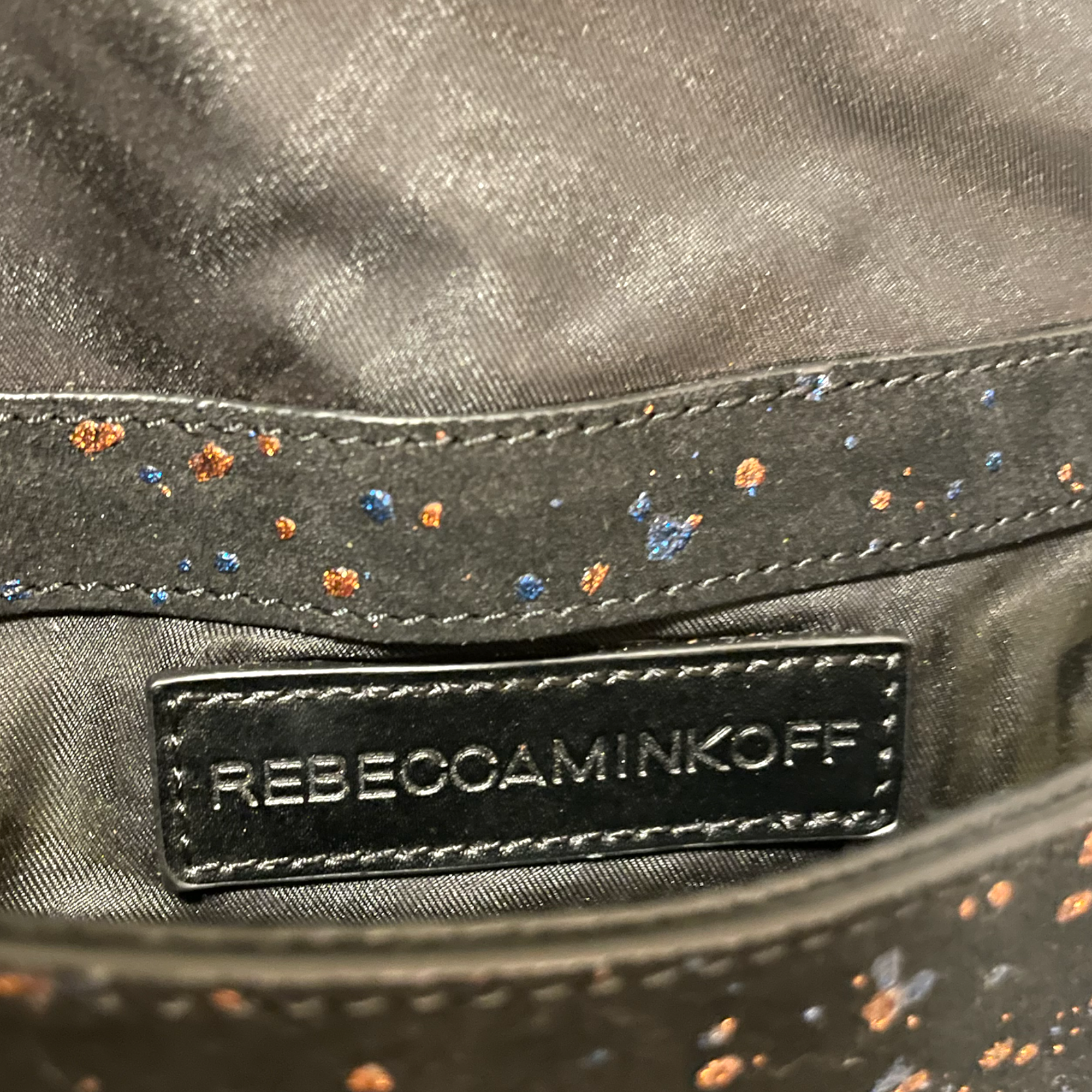 Rebecca Minkoff Black Hardware & Suede Crossbody Bag with Cobalt Blue & Rose Gold Splatter