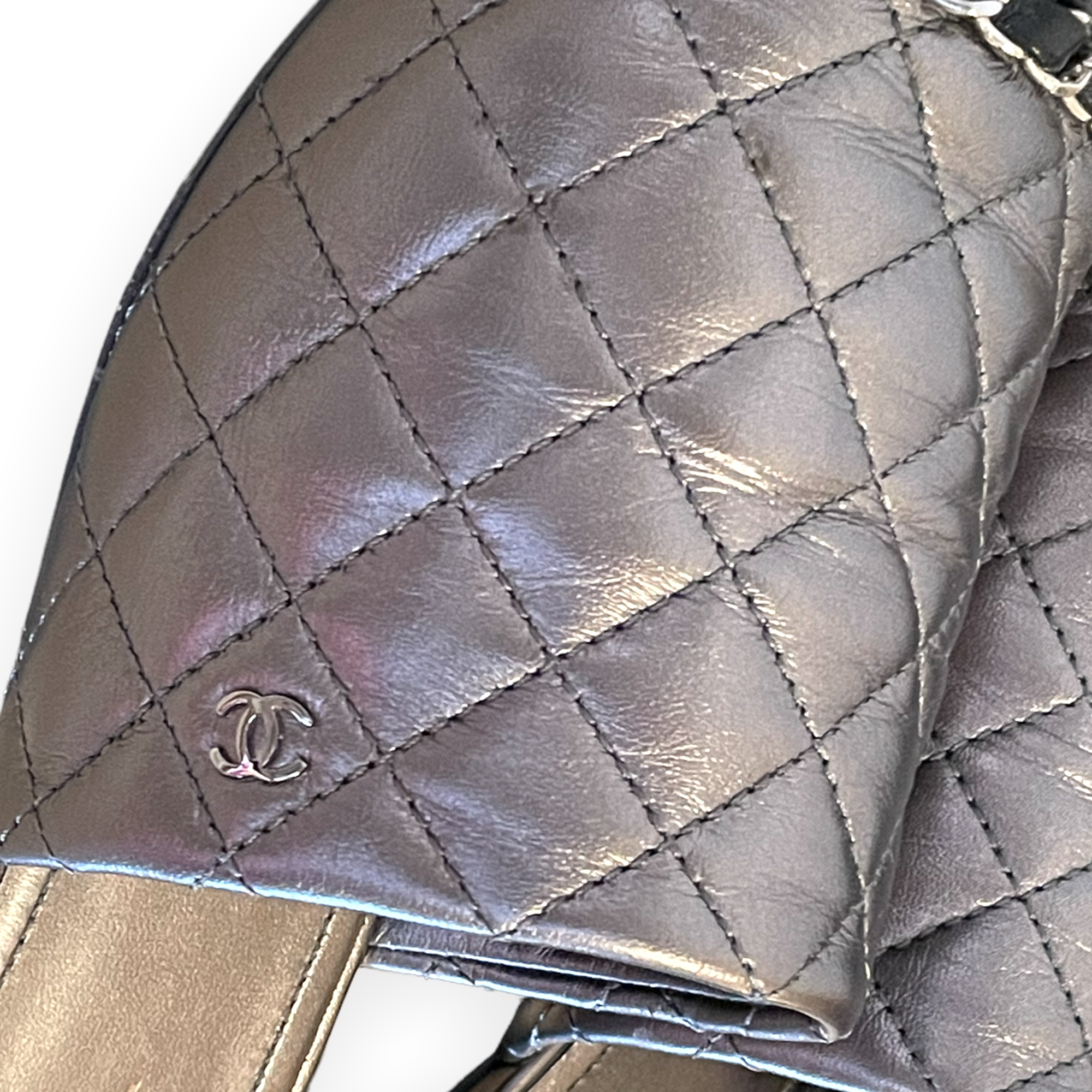 Chanel Iridescent Silver & Black Quilted Lambskin Mules