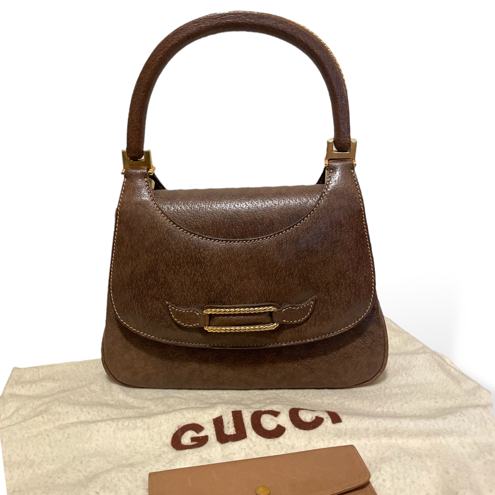 GUCCI Vintage Circa 60’s Brown Leather & Gold Braided Top Handle Purse