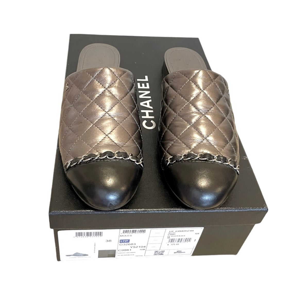 Chanel Iridescent Silver & Black Quilted Lambskin Mules