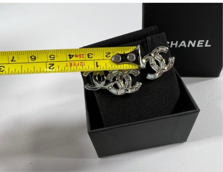 Chanel Silver interlocking CC Logo and Baguette Crystal Stud Earrings