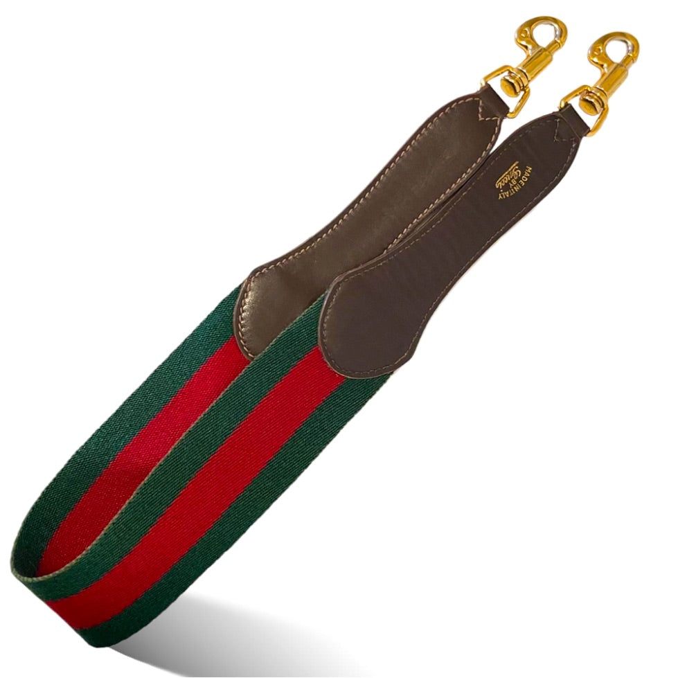 STUNNING Vintage GUCCI Green-Red-Green Web & Brown Leather Shoulder Strap (26”)