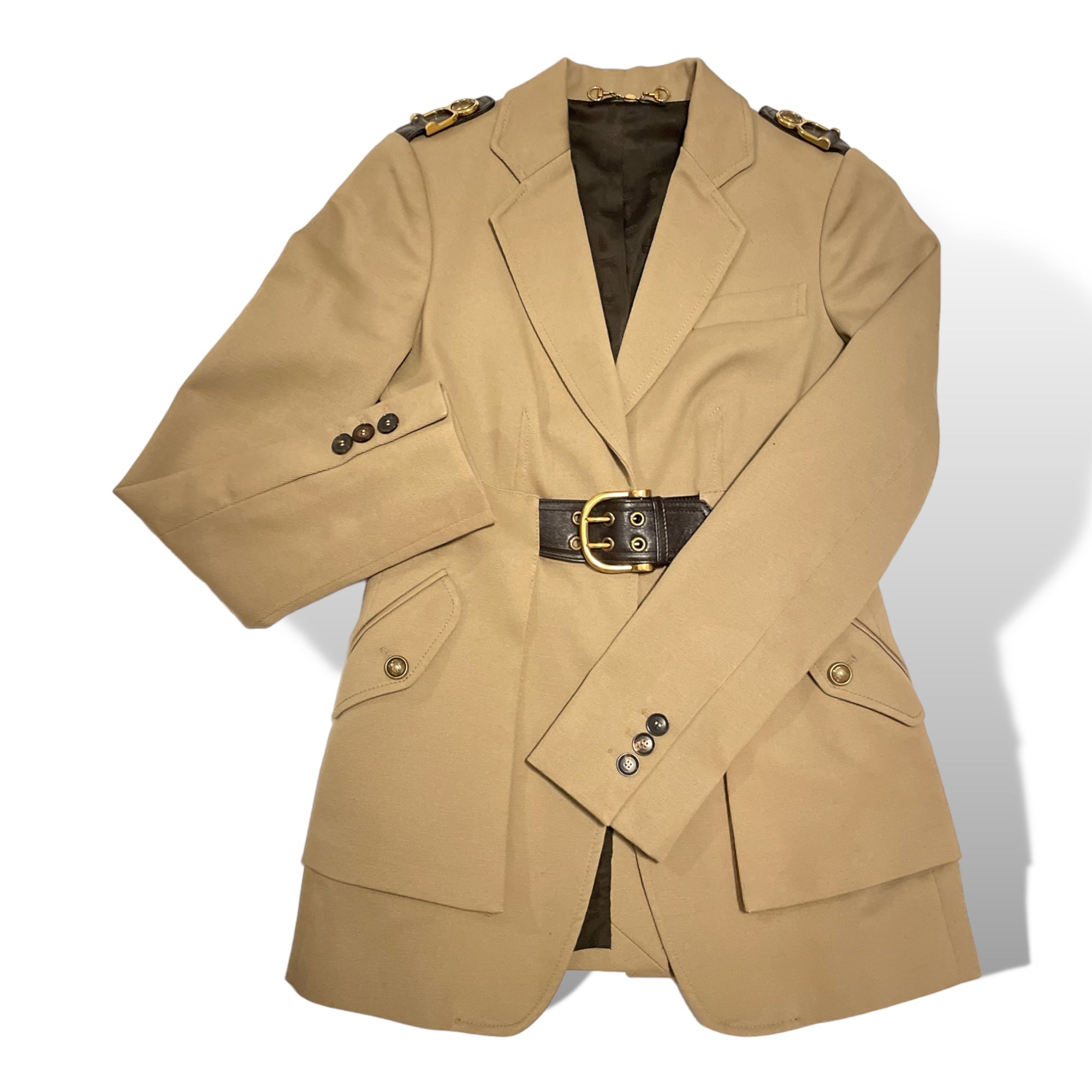 GUCCI Military Inspired Beige Canvas Jacket with Horse-bit Motif Accents |Size: 42|