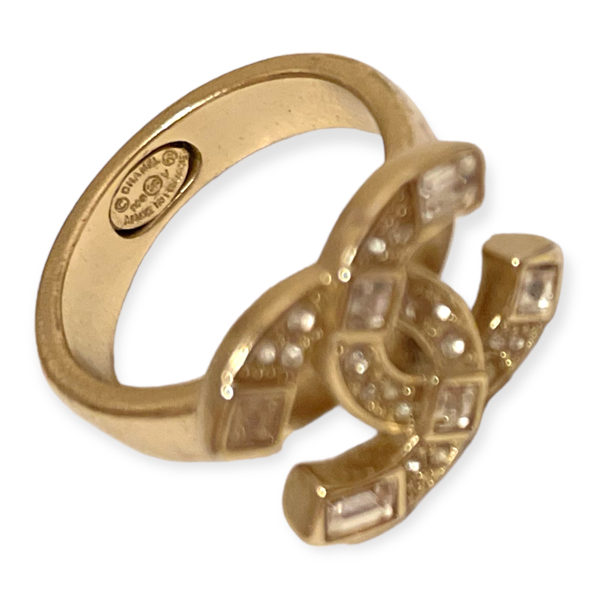 CHANEL CC Logo Ring in Champagne Gold/Crystals & Baguettes |Size:6|