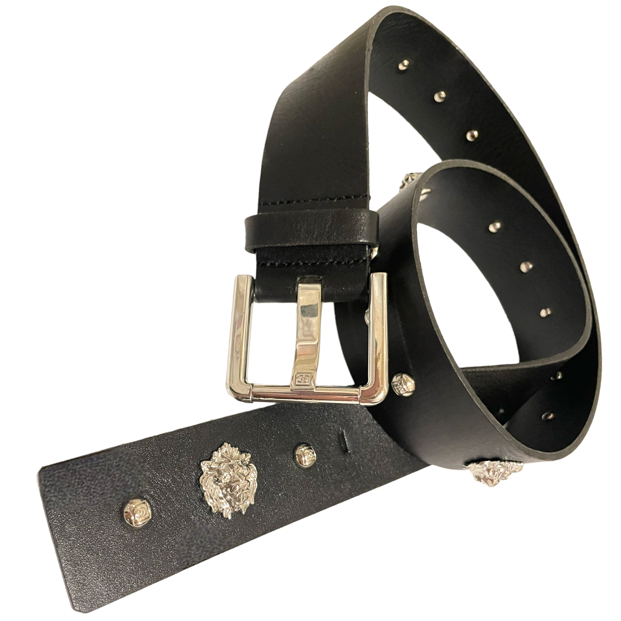 CHANEL Black Leather CC Stud & Lion Motif Belt, Silver Hardware | SIZE: 32/80