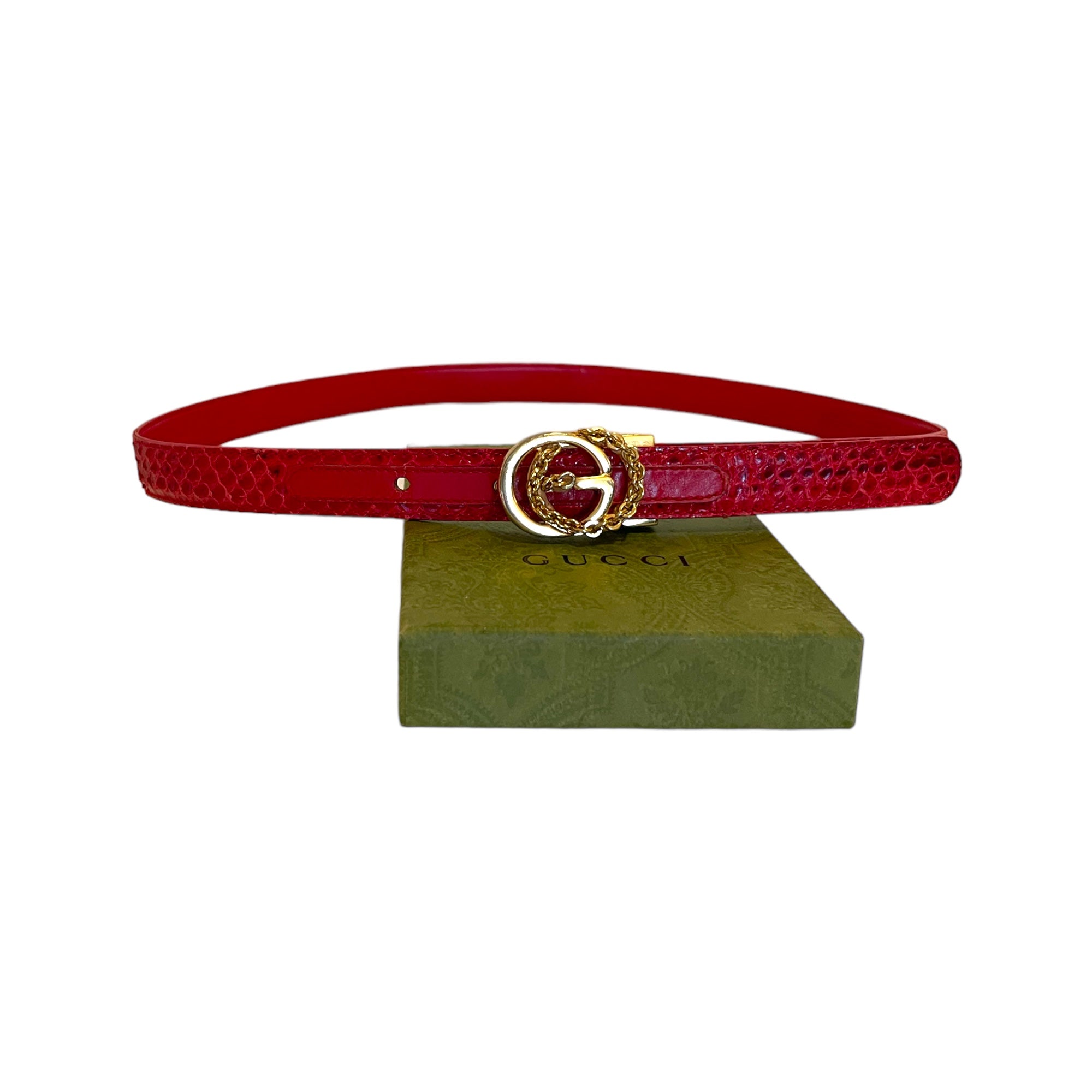 GUCCI Vintage Python Leather Skinny Belt with Gold GG Logo