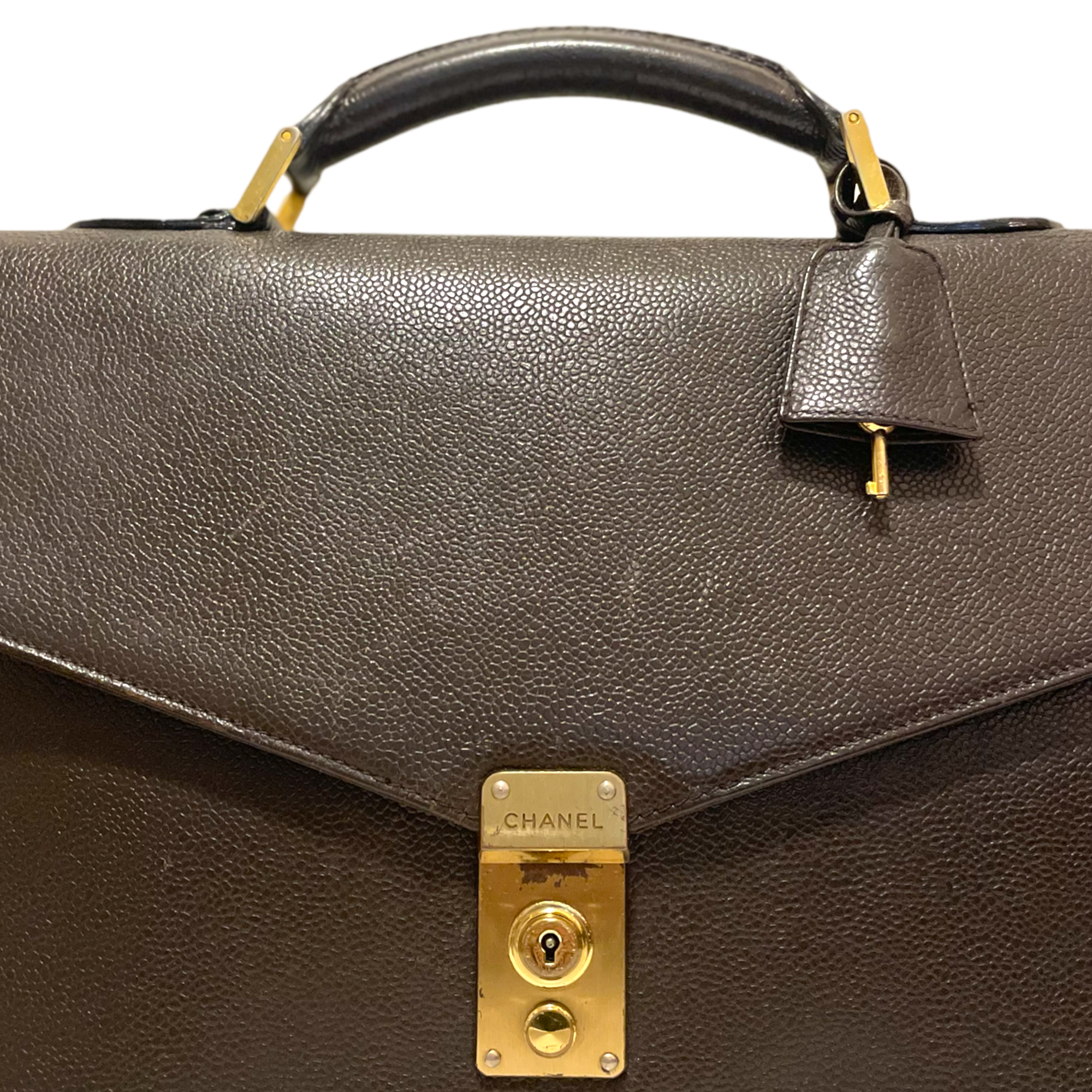 CHANEL Vintage Brown Caviar Leather Briefcase with Gold 'CHANEL' Logo Clasp