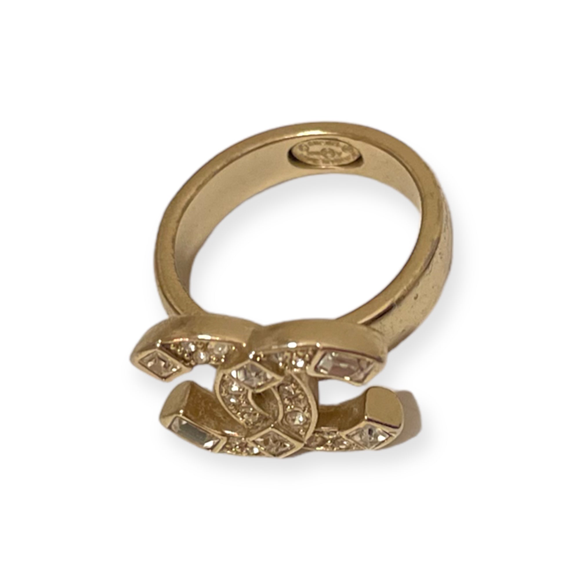 CHANEL CC Logo Ring in Champagne Gold/Crystals & Baguettes |Size:6|