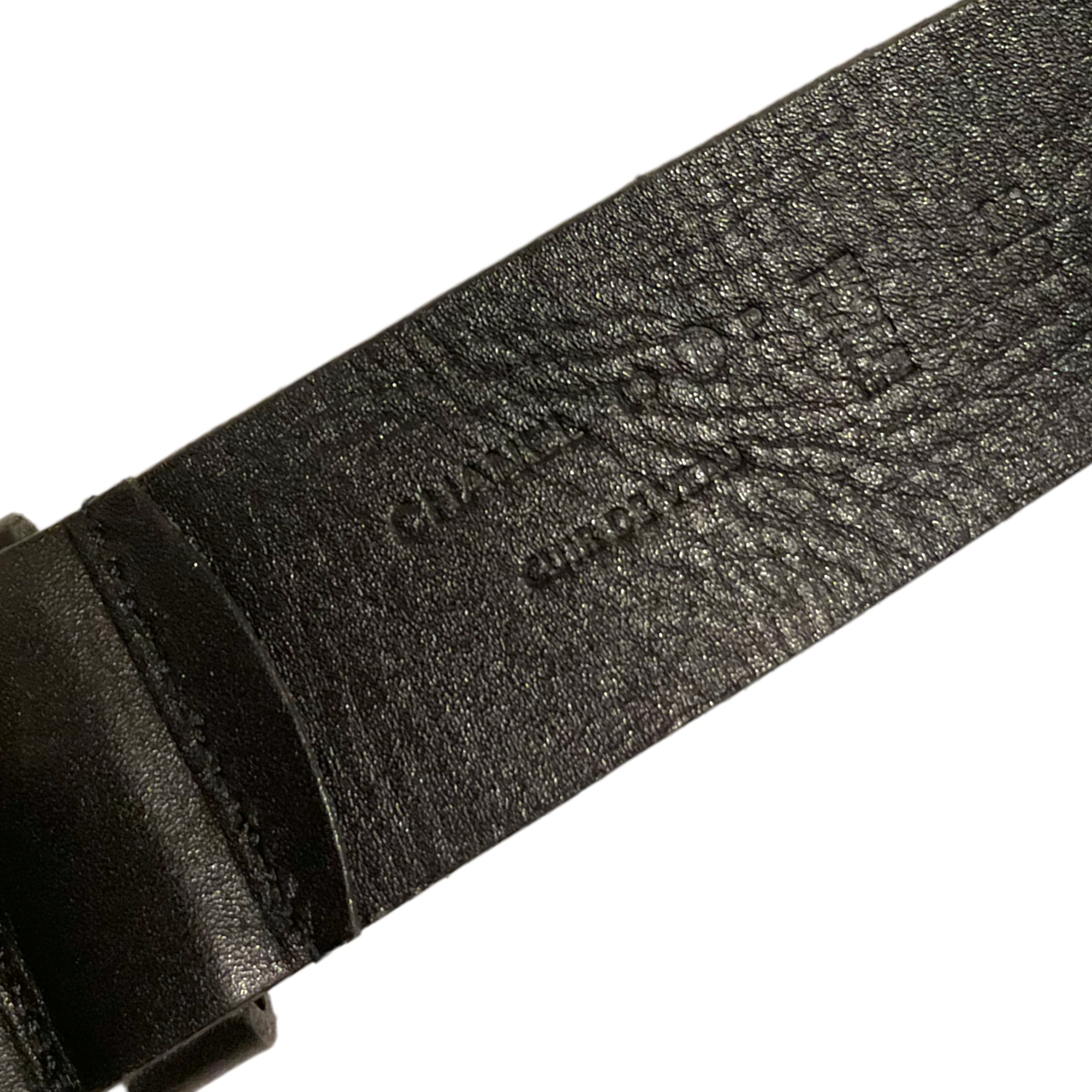 CHANEL Black Leather CC Stud & Lion Motif Belt, Silver Hardware | SIZE: 32/80|