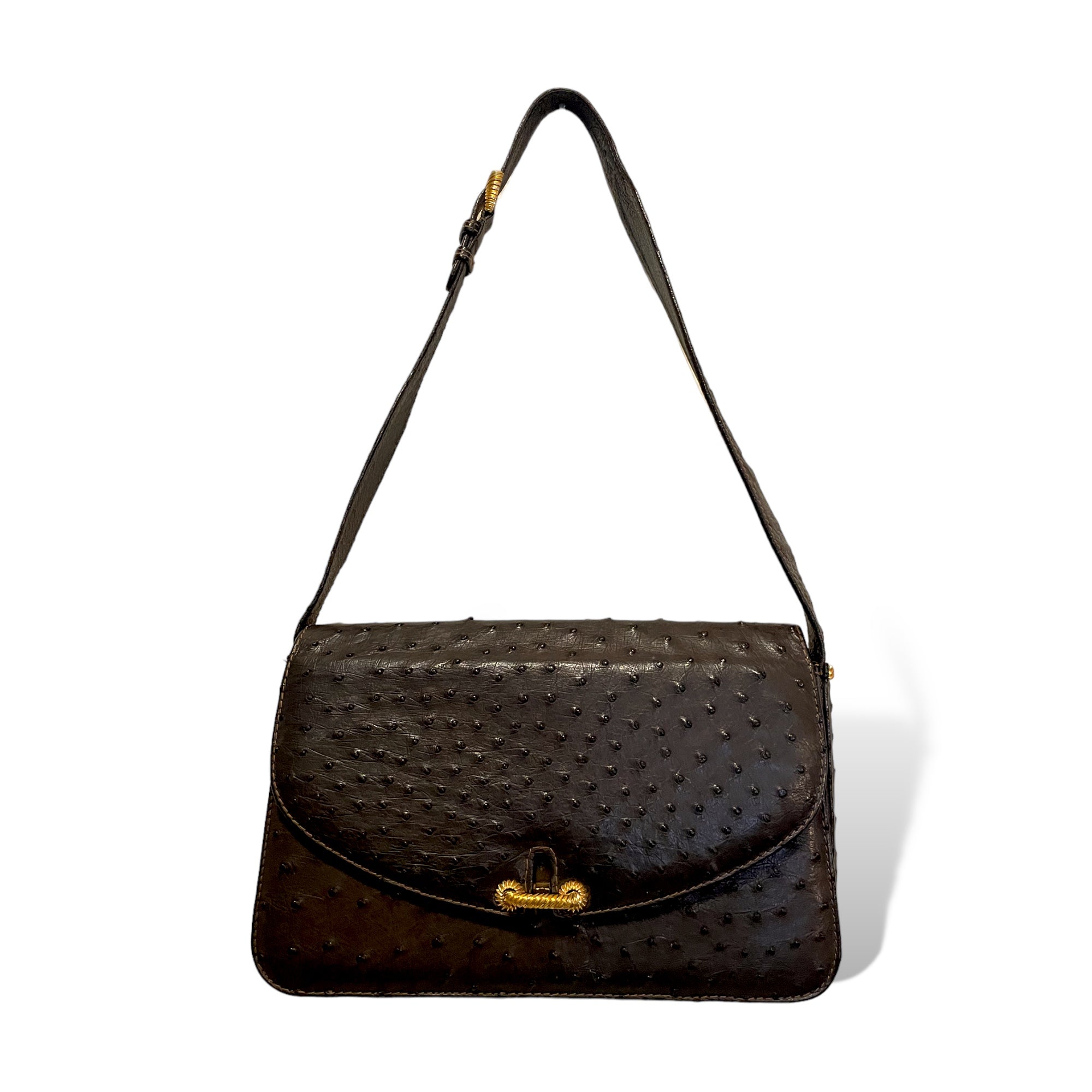 Gucci Vintage Circa 60’s Brown Ostrich leather & Braided Gold Hardware Detail Shoulder Bag