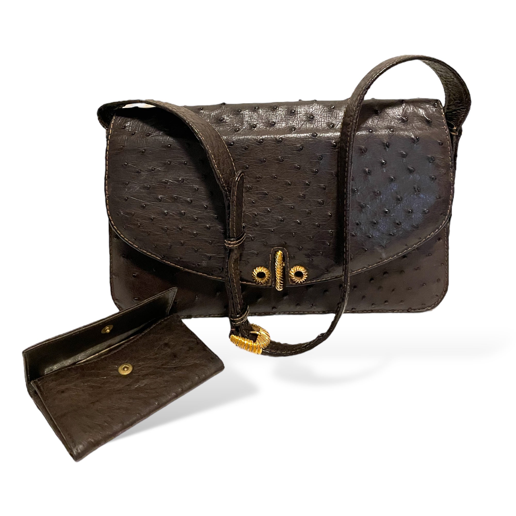 Gucci Vintage Circa 60’s Brown Ostrich leather & Braided Gold Hardware Detail Shoulder Bag