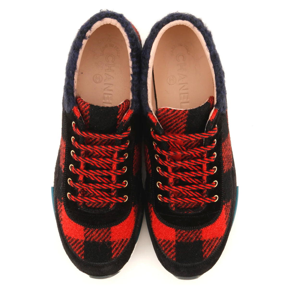 Chanel Women's CC Lace Up Sneakers Suede with Leather and Tweed | Size: US 8 | IT 38 |