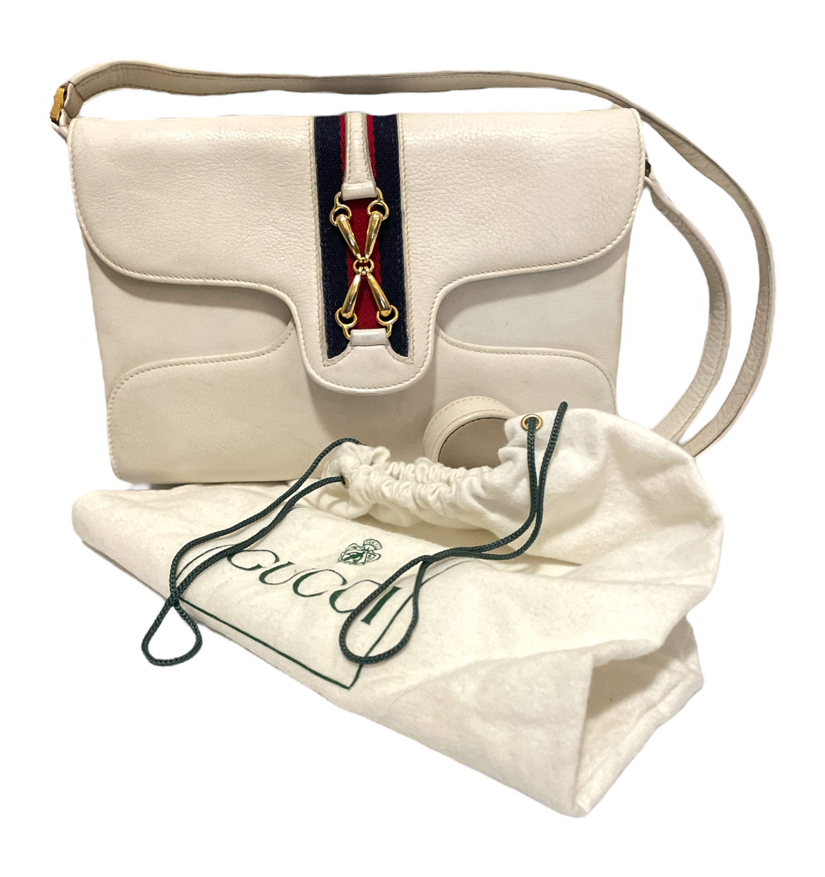 GUCCI Vintage Leather Clutch/Shoulder/Sling Bag with Horse Bit Motif Web Accent