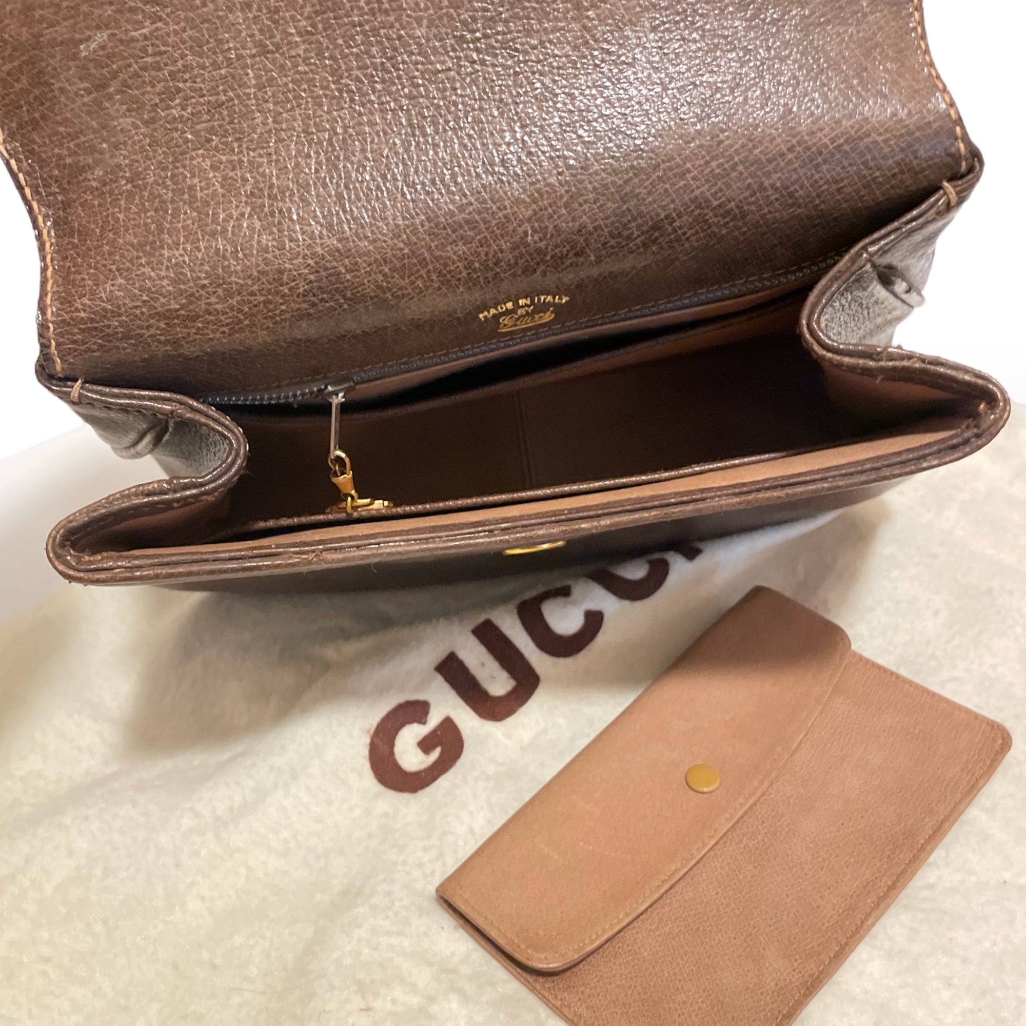 GUCCI Vintage Circa 60’s Brown Leather & Gold Braided Top Handle Purse