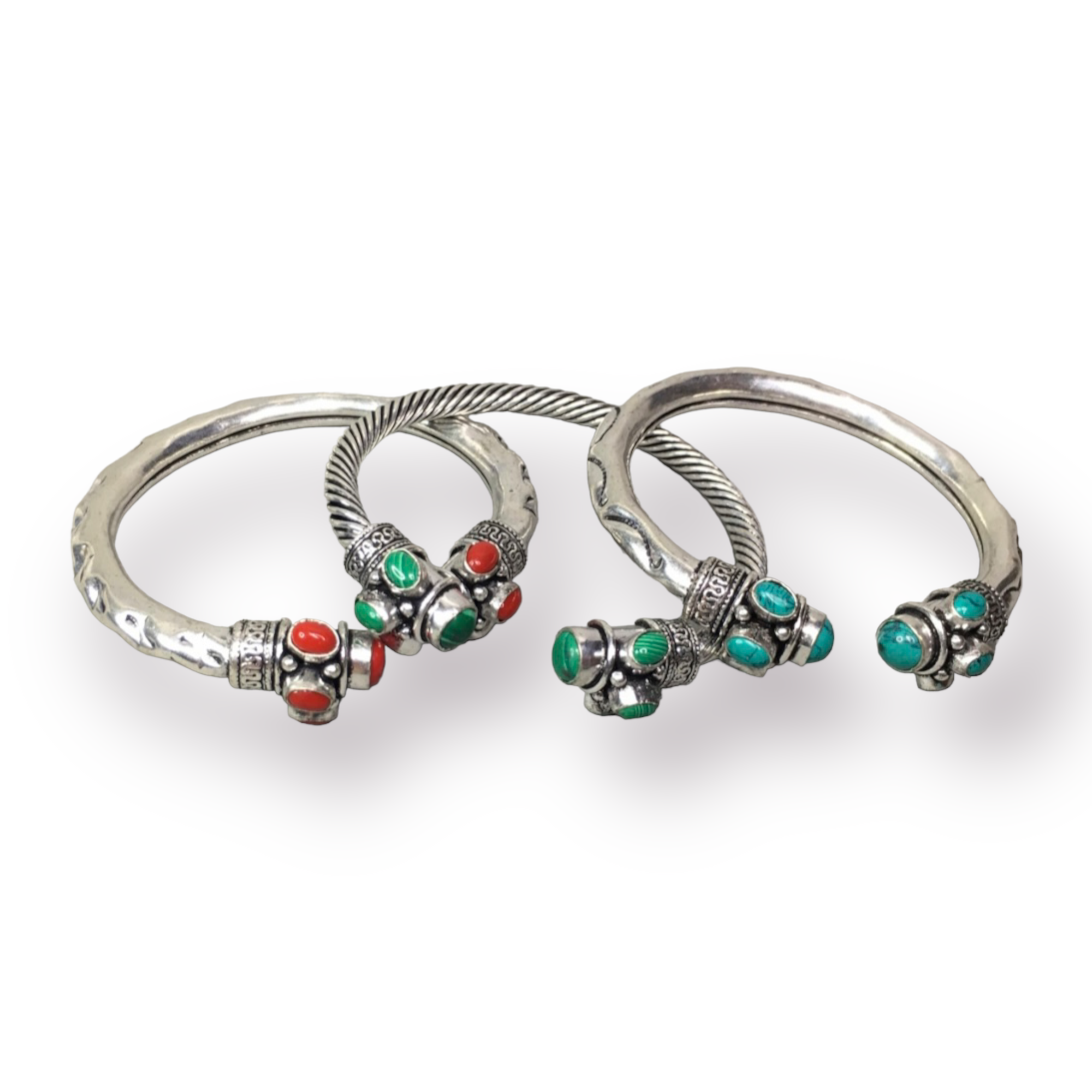 Semi-Precious Stone Accented Silver Tone Metal Bangles