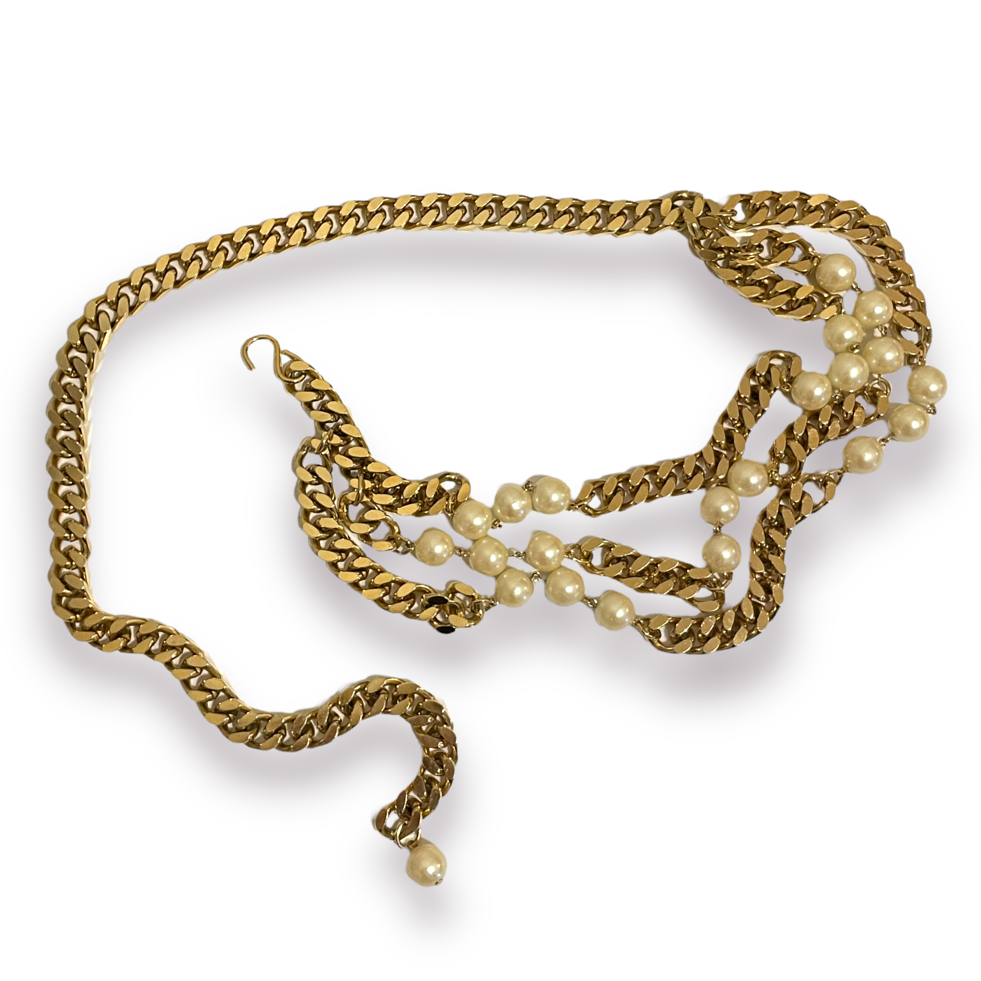 NEIMAN MARCUS Gold Tone Metal & Pearl Cuban Link Chain Belt