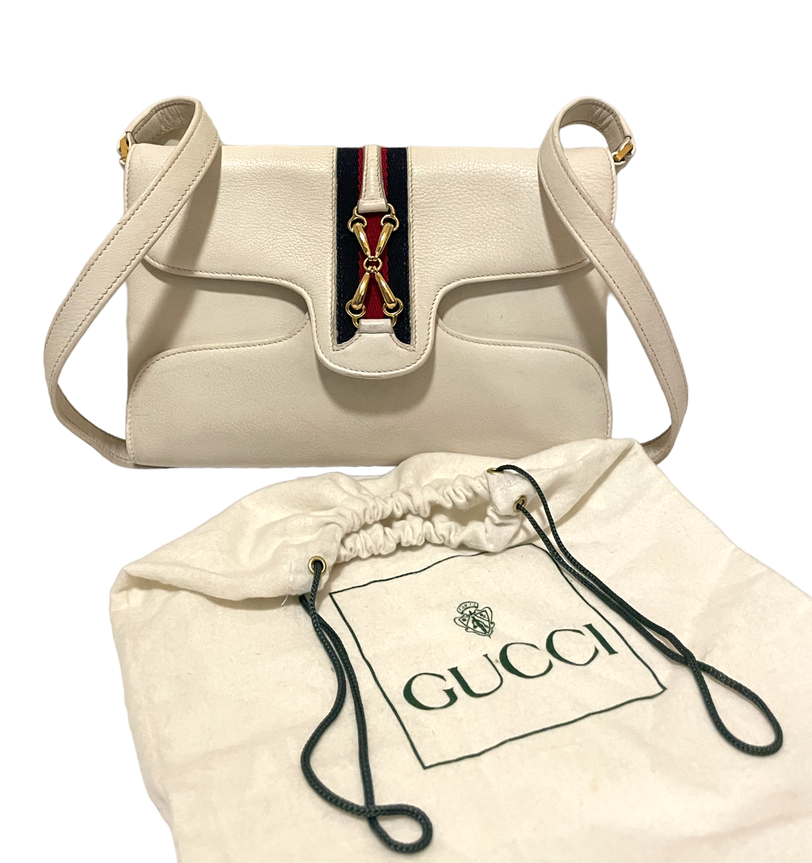 GUCCI Vintage Leather Clutch/Shoulder/Sling Bag with Horse Bit Motif Web Accent