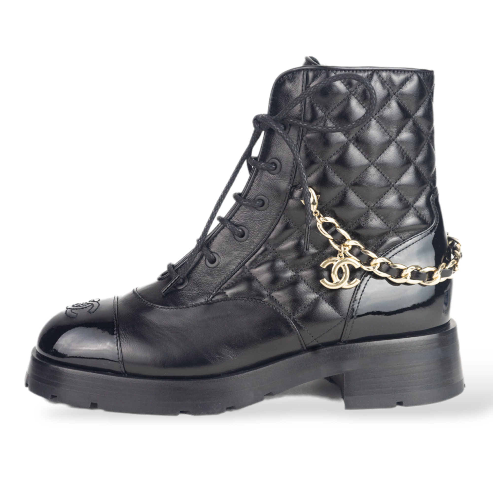 CHANEL 22B-2023 NEW TAG CLASSIC BLACK LEATHER BOOTS GOLD CC CHAIN EU39