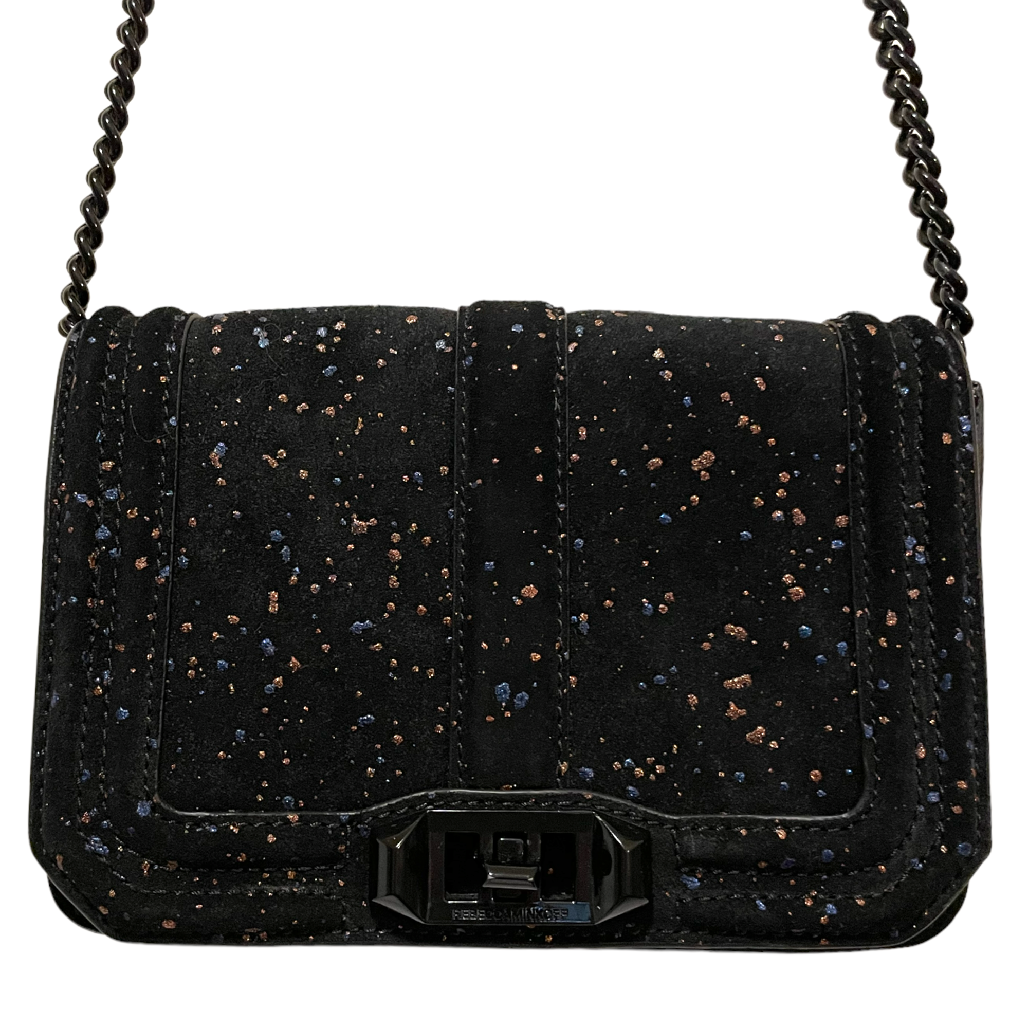 Rebecca Minkoff Black Hardware & Suede Crossbody Bag with Cobalt Blue & Rose Gold Splatter