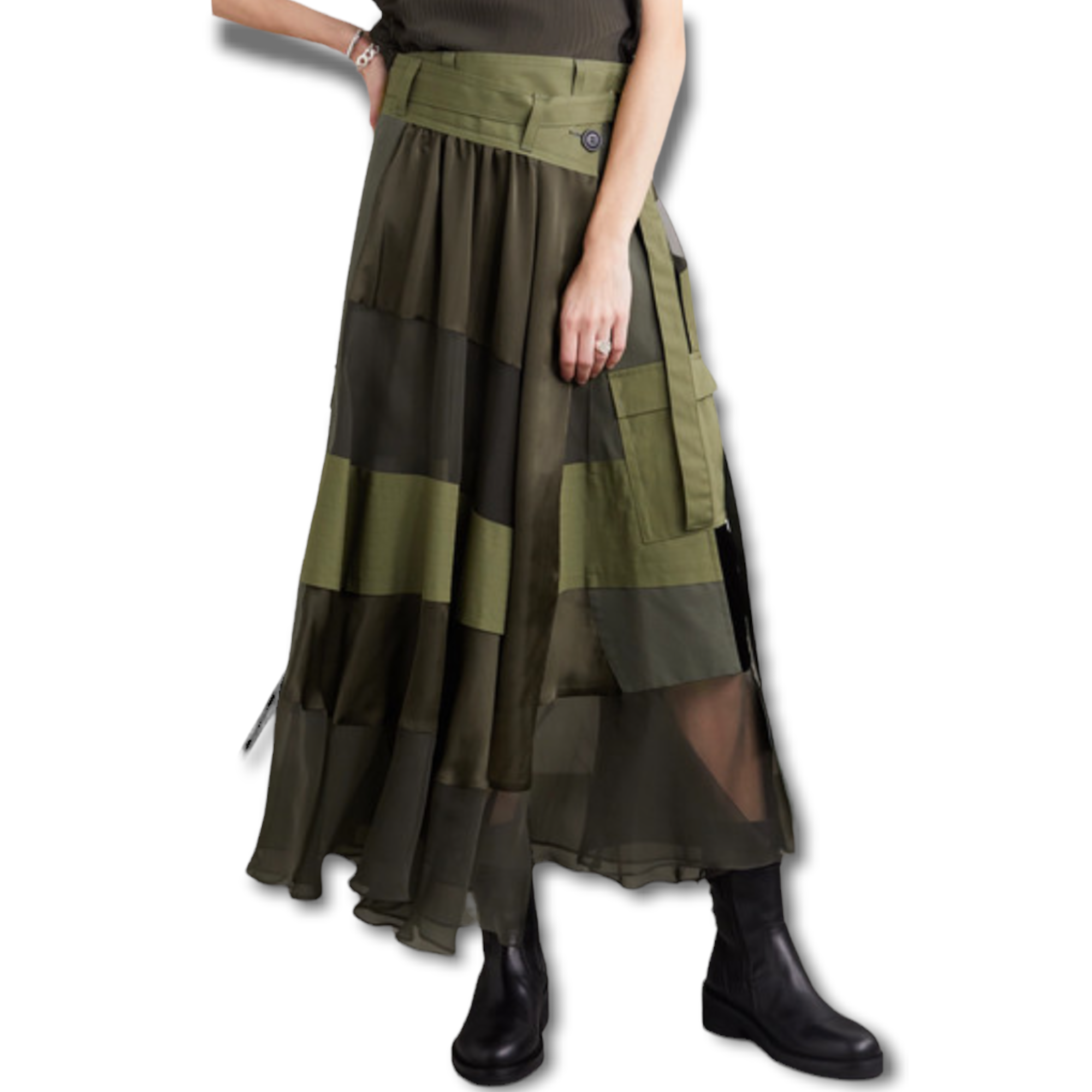 Sacai Paneled Asymmetric Satin, Velvet, Twill And Chiffon Wrap Maxi Skirt
