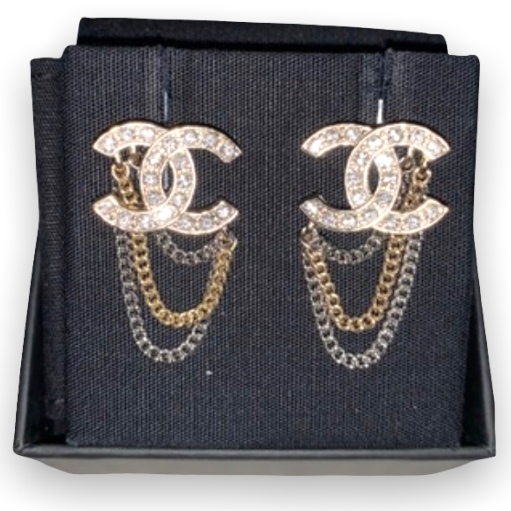 Chanel Gold & Mixed Metal Chain CC Logo & Crystals Studded Earrings
