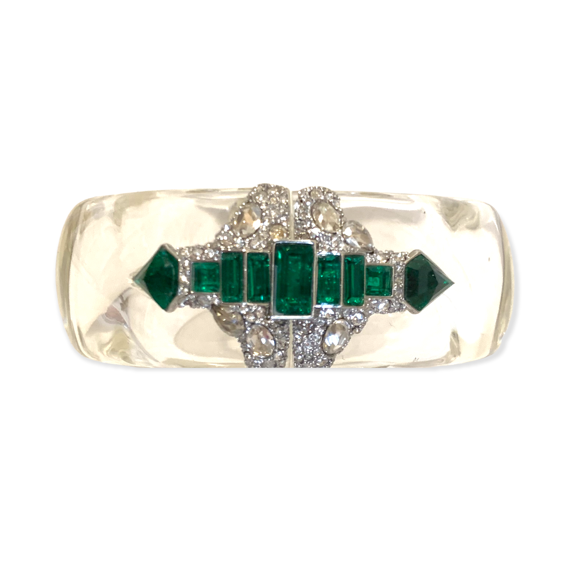 ALEXIS BITTAR Clear Lucite Bangle encrusted with Emerald Green & Clear Crystals