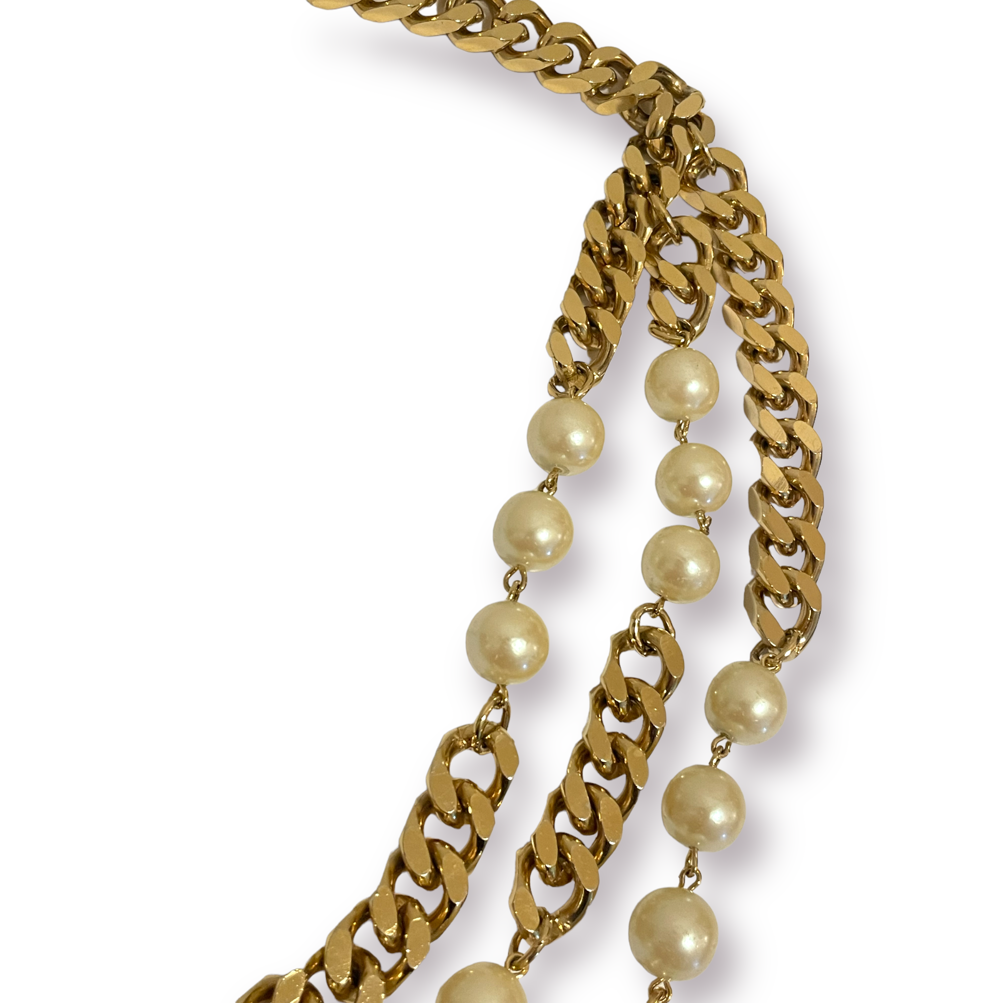 NEIMAN MARCUS Gold Tone Metal & Pearl Cuban Link Chain Belt