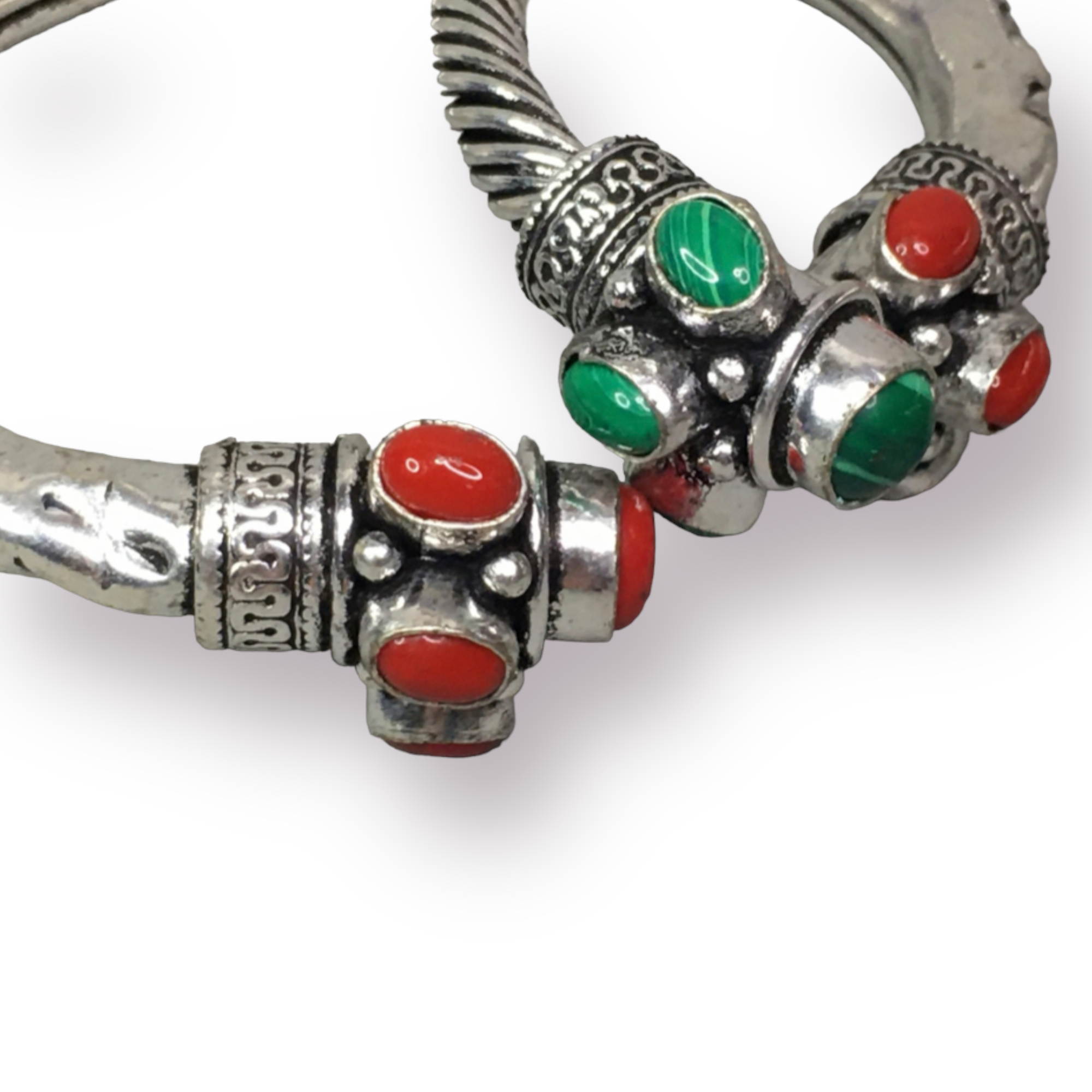 Semi-Precious Stone Accented Silver Tone Metal Bangles