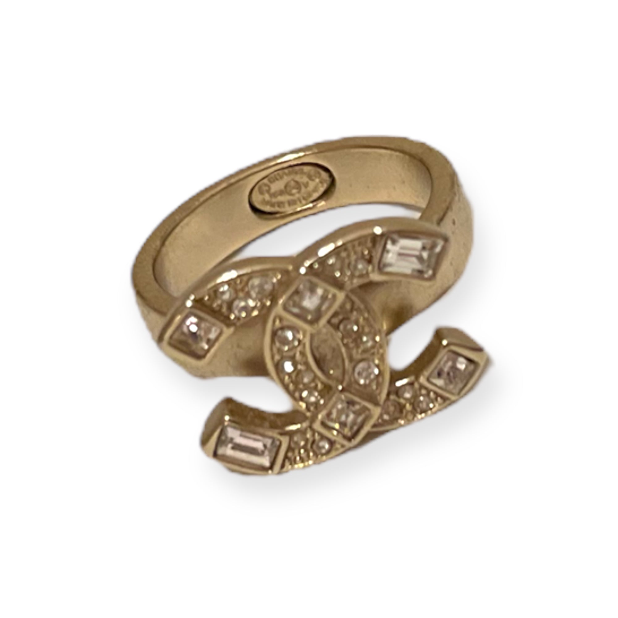 CHANEL CC Logo Ring in Champagne Gold/Crystals & Baguettes |Size:6|