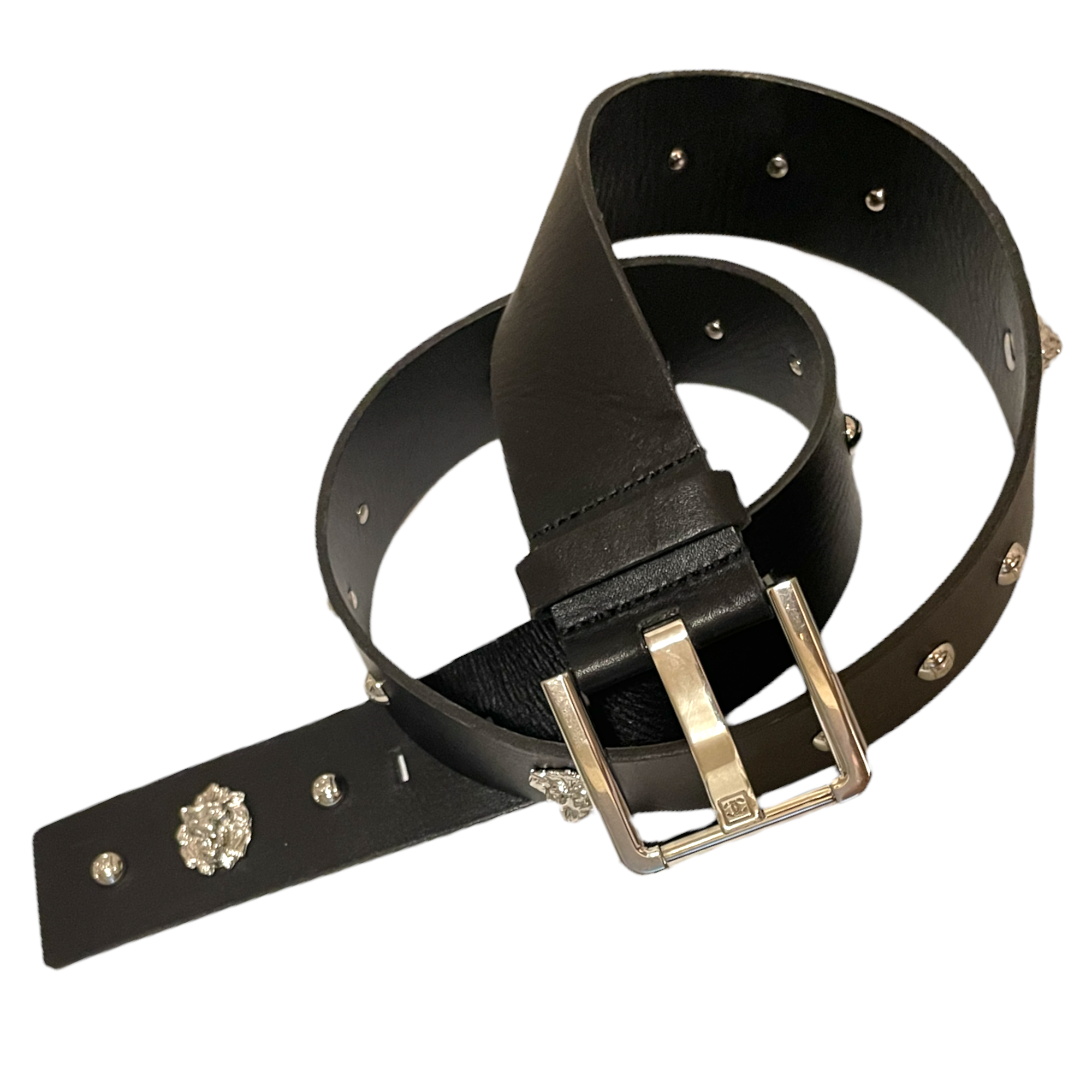 CHANEL Black Leather CC Stud & Lion Motif Belt, Silver Hardware | SIZE: 32/80