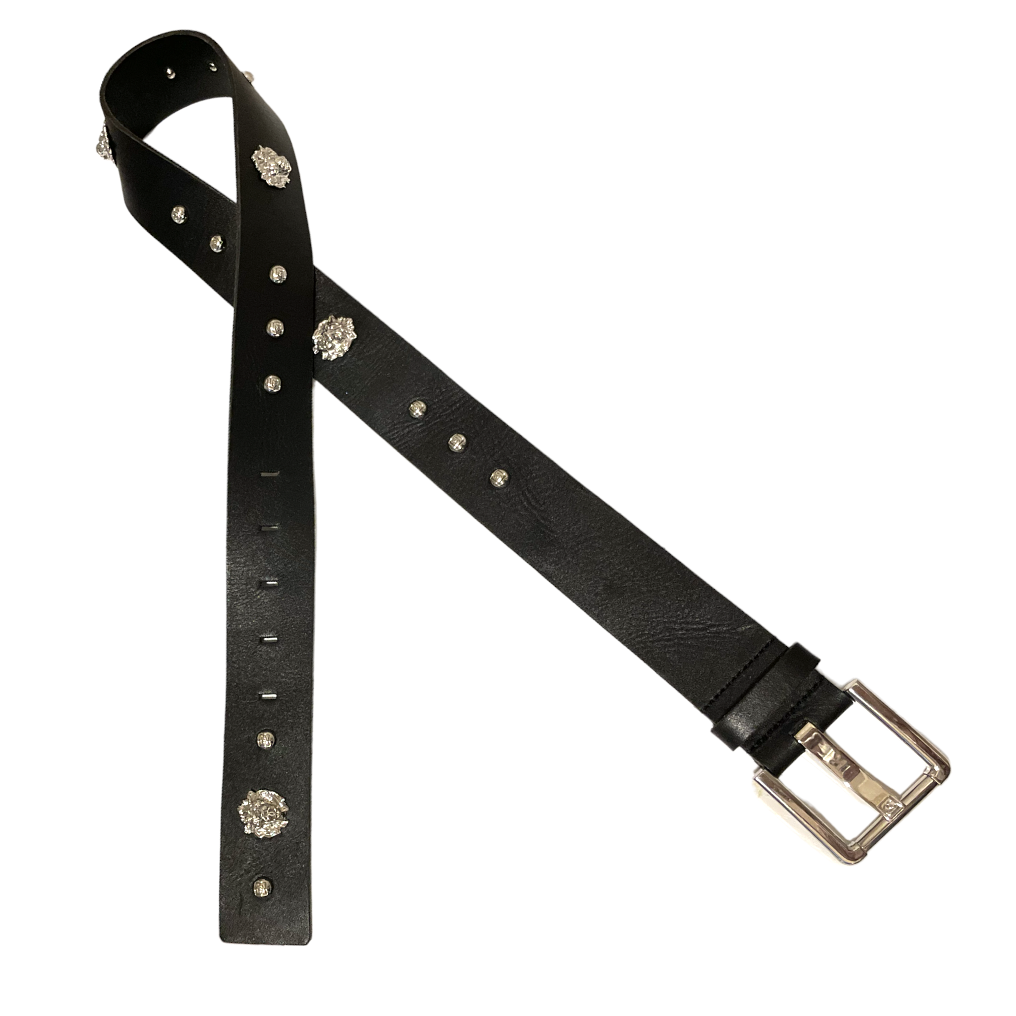 CHANEL Black Leather CC Stud & Lion Motif Belt, Silver Hardware | SIZE: 32/80