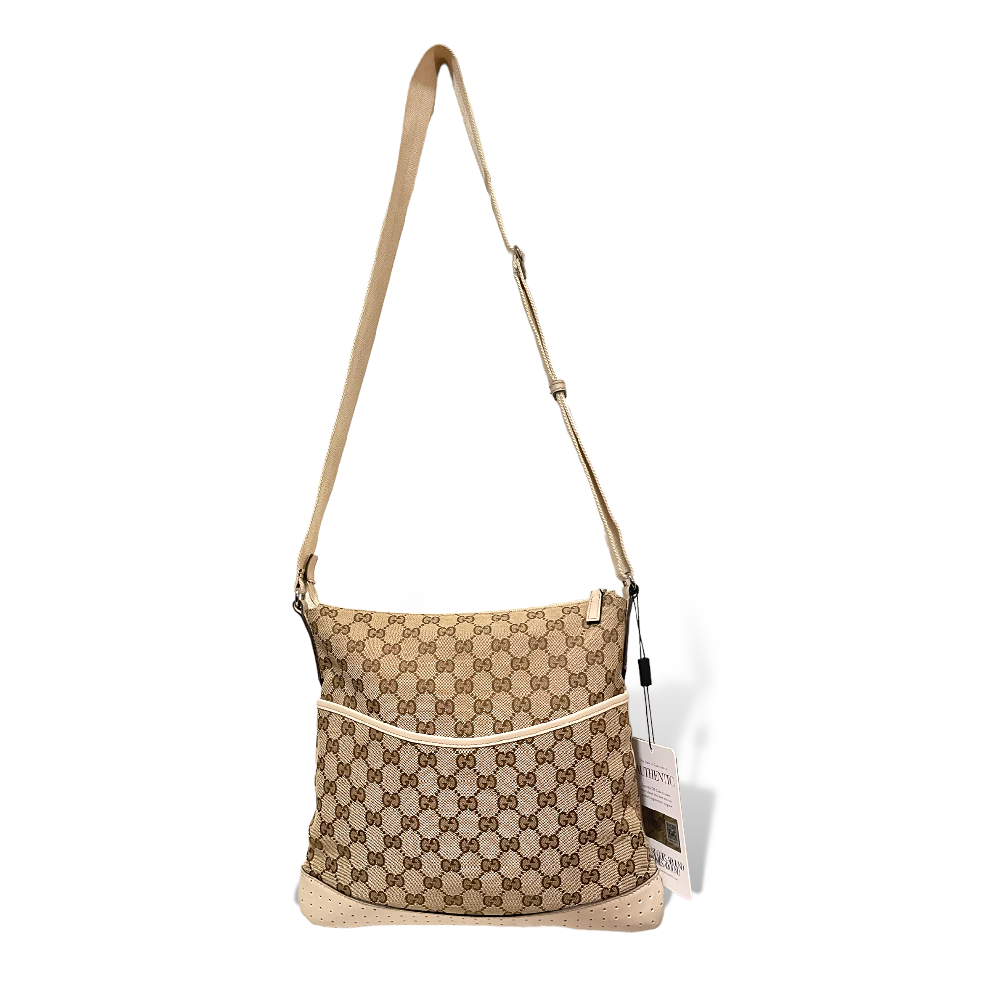 GUCCI Double GG Monogram Brown & Beige Canvas & White Perforated Leather Trim Crossbody Messenger Bag