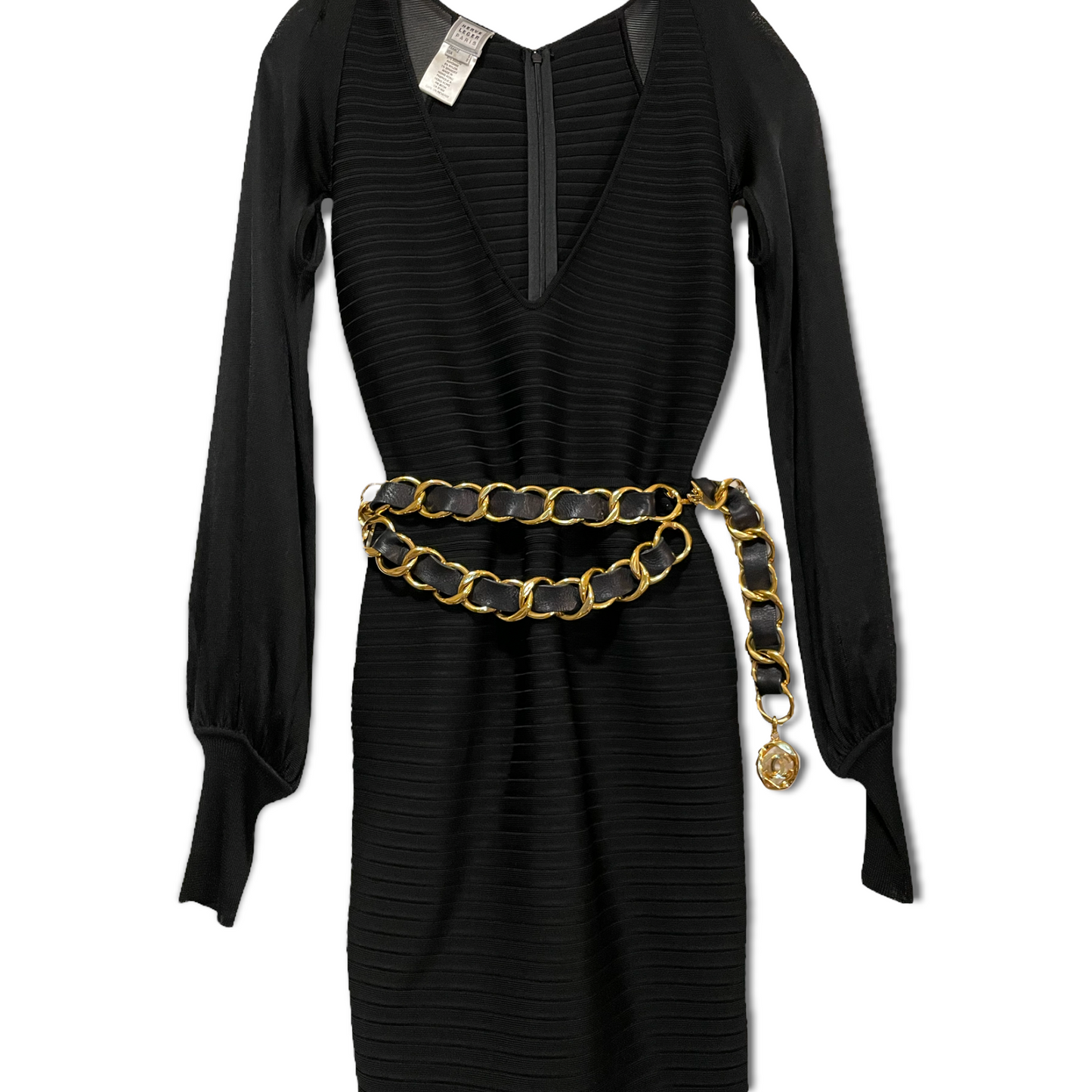 HERVE LEGER PARIS Bandage Mesh Cut-Out Long Sleeve Dress SMALL