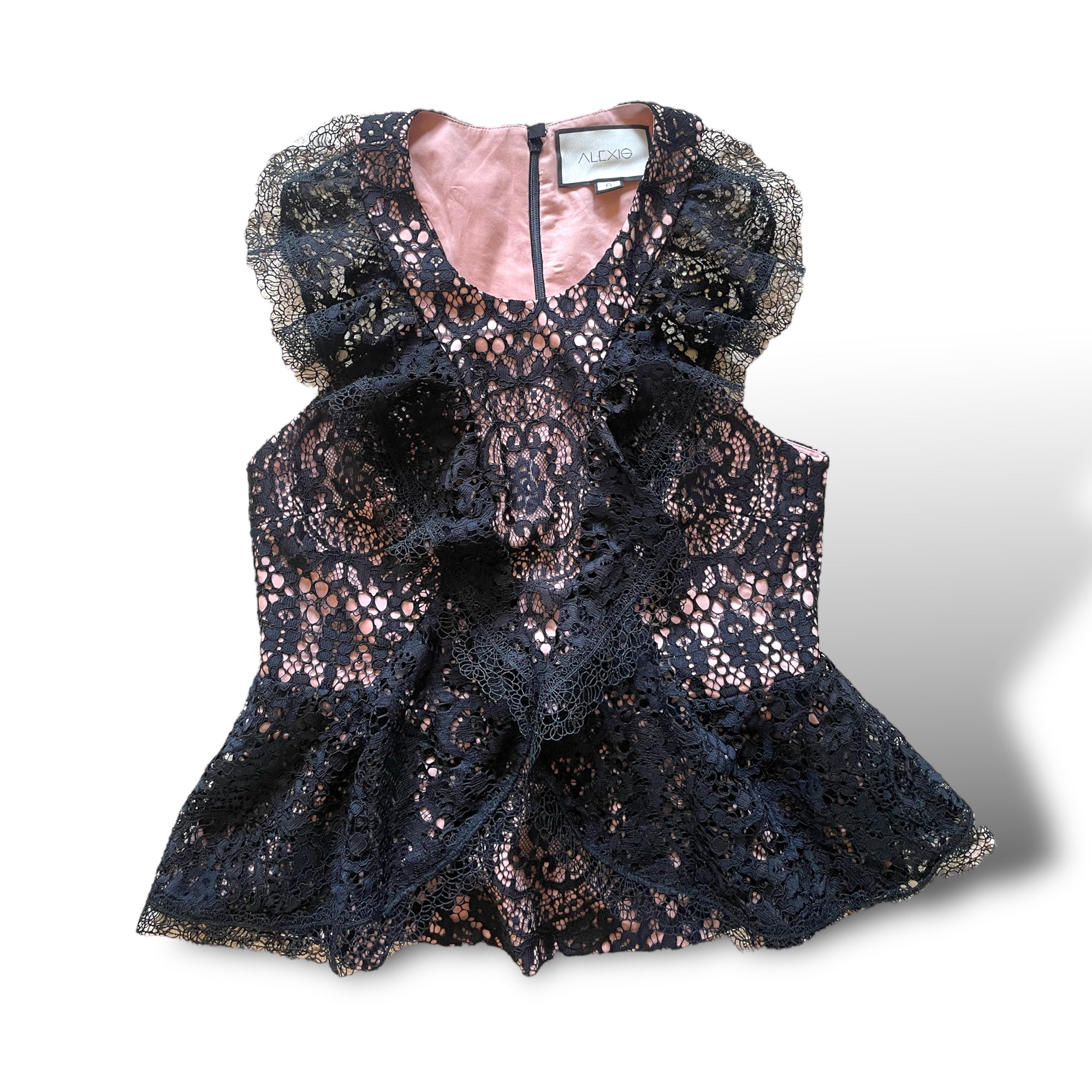 ALEXIS Ruffled Black & Mauve Lace Top |Size: Small|