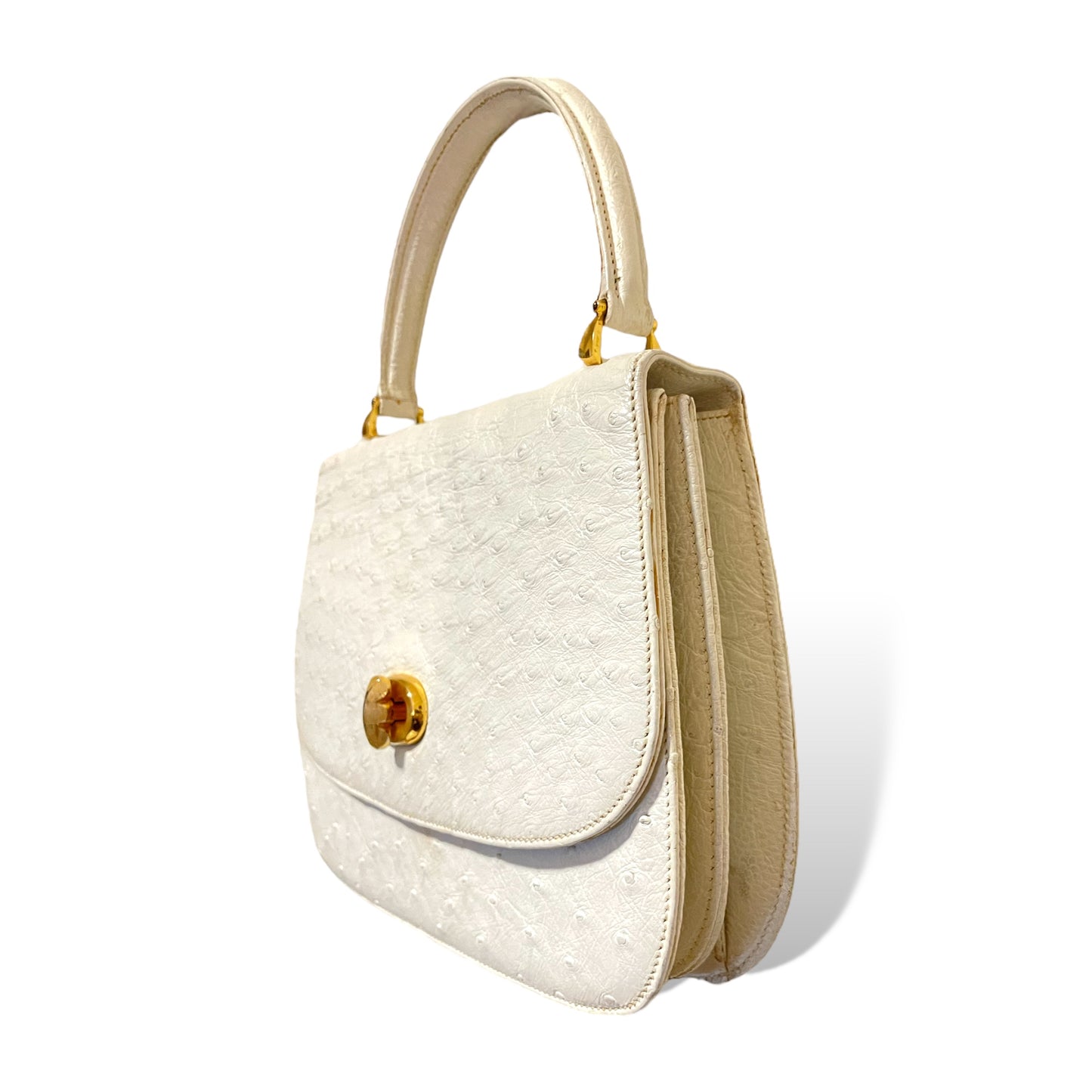 Gucci Bone White Ostrich Top Handle with Gold Turn Lock Clasp Circa 1950's