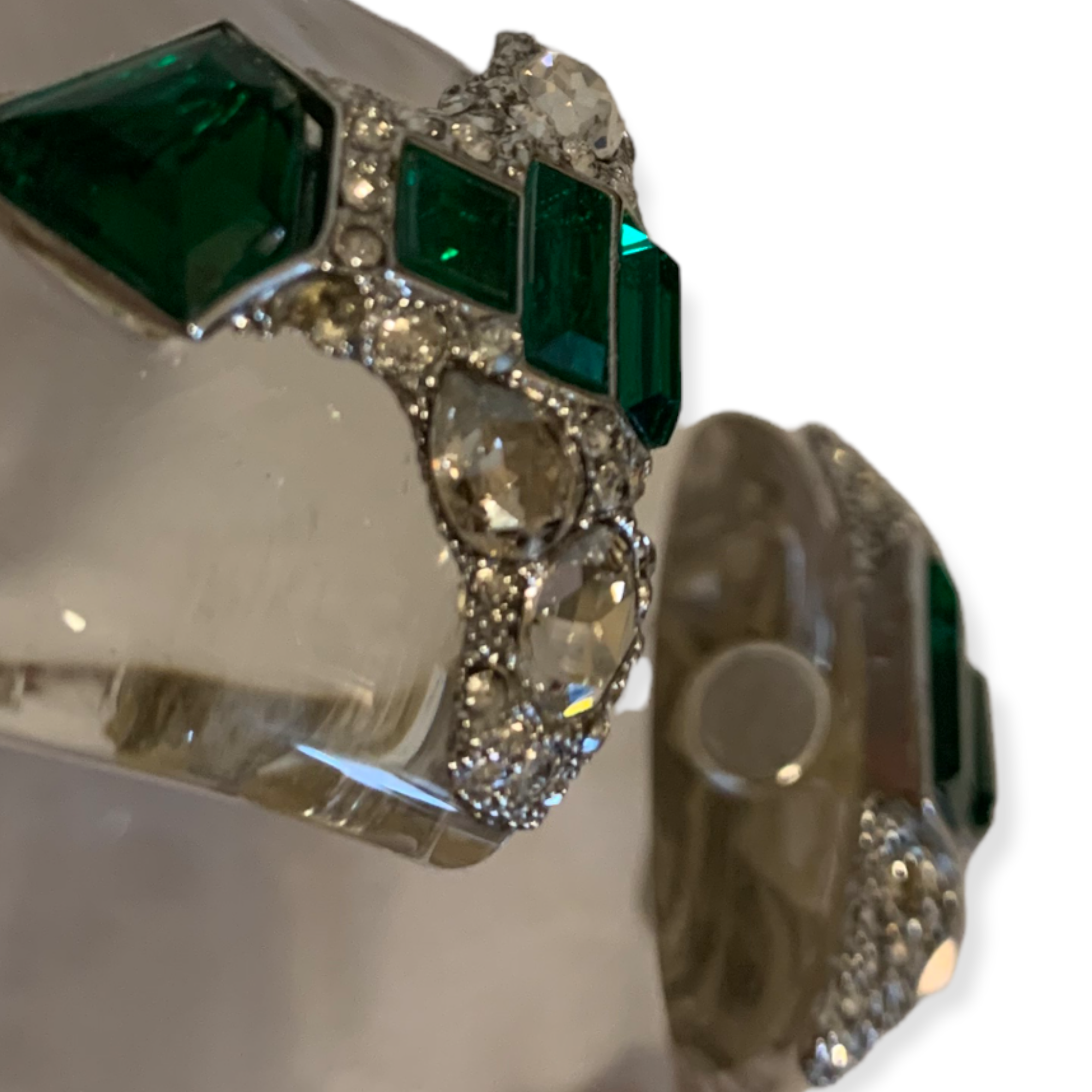 ALEXIS BITTAR Clear Lucite Bangle encrusted with Emerald Green & Clear Crystals