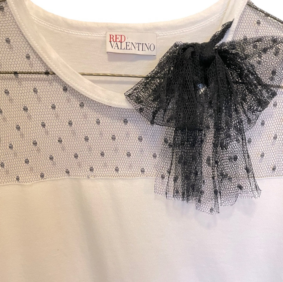 RED VALENTINO Jersey T-shirt W/ Point D'esprit Tulle & Bow Detail In Black