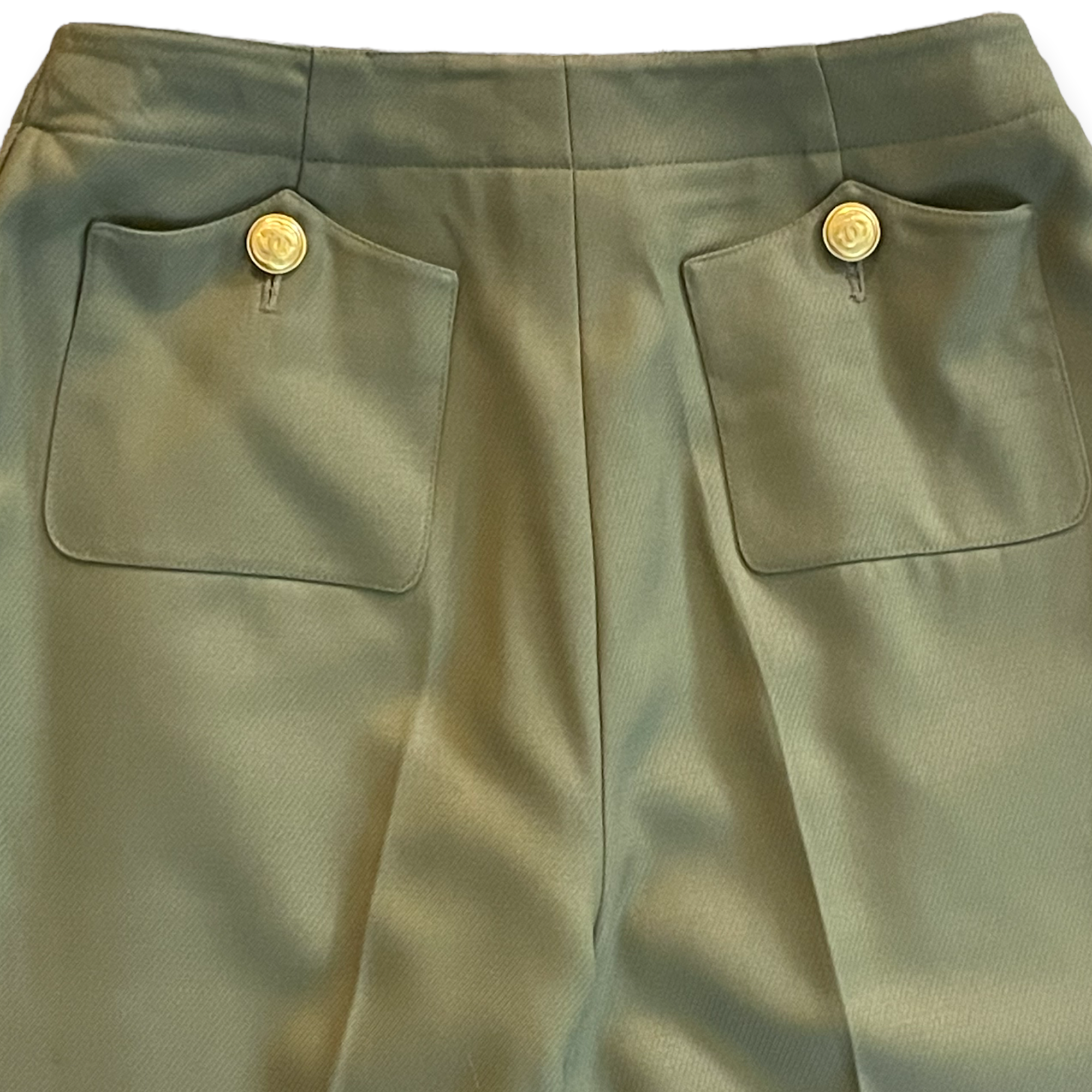 VINTAGE CHANEL  Women’s Military Green Stunning High-Waisted Wool & Silk Tailored Pants |Size: EU36|
