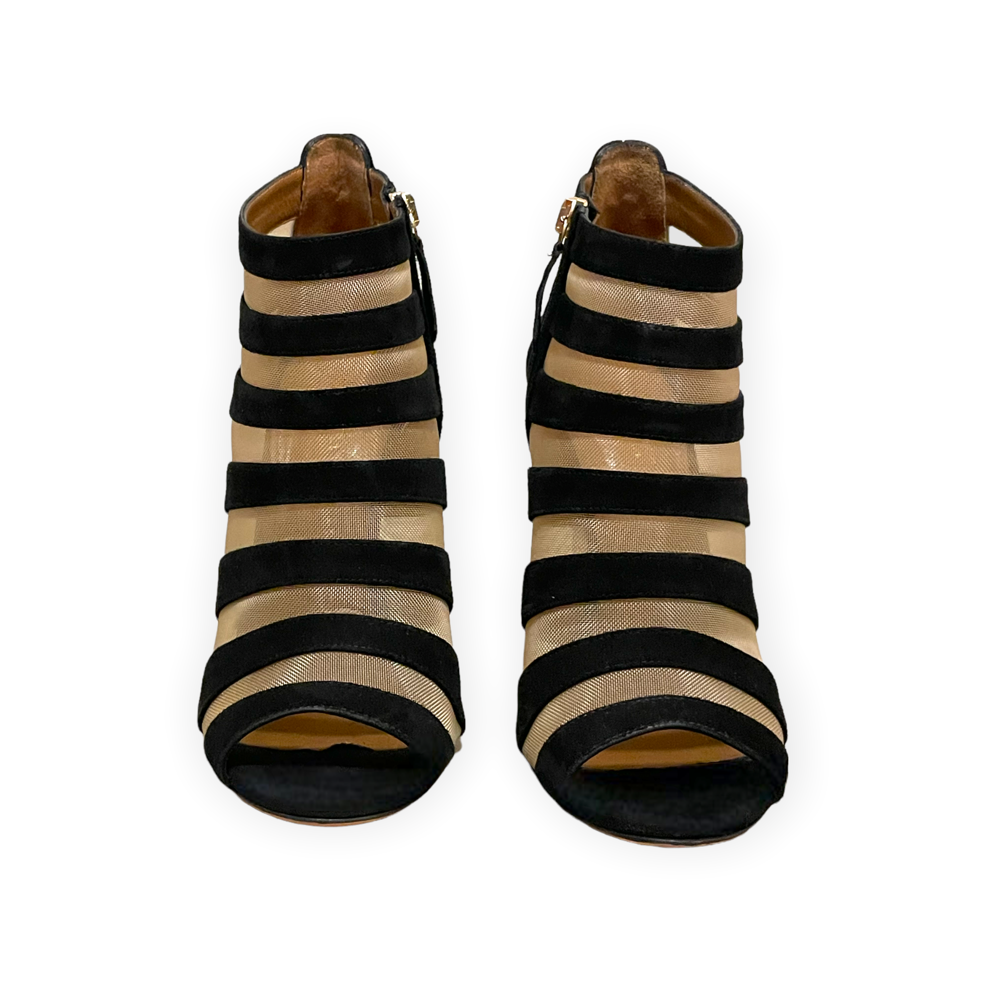 AQUAZZURA Black Suede & Nude Mesh Striped Sandals | Size: 8.5 | IT 38.5 |