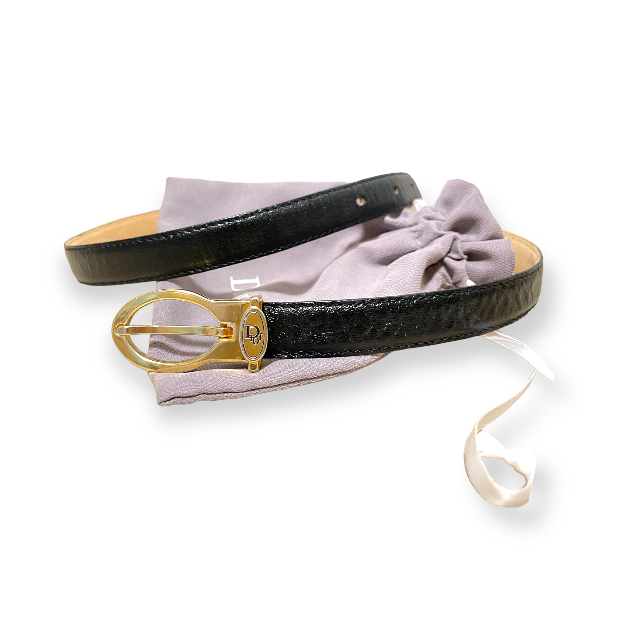 Vintage Thin Leather Belt & Gold-Tone DIOR Logo Buckle