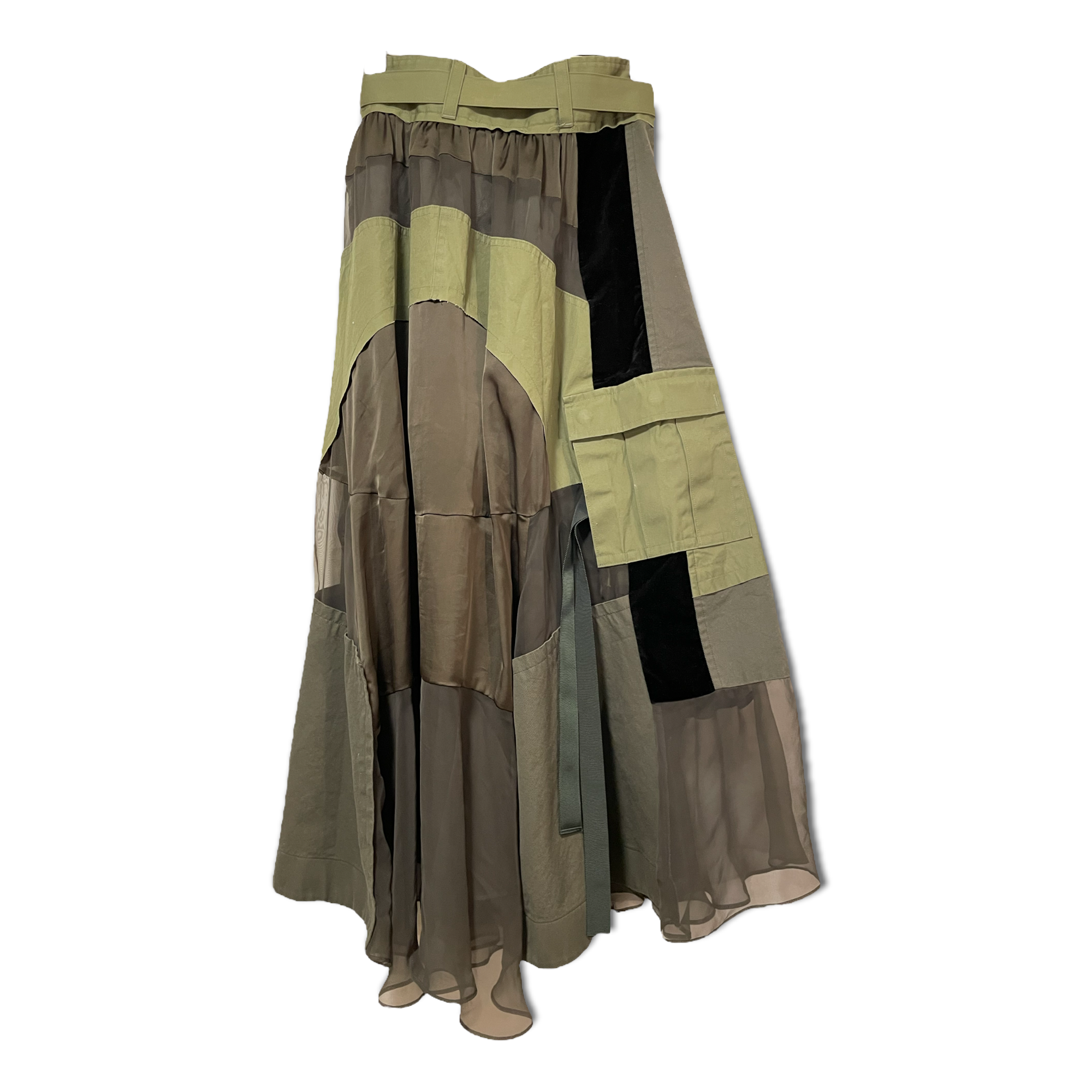 Sacai Paneled Asymmetric Satin, Velvet, Twill And Chiffon Wrap Maxi Skirt