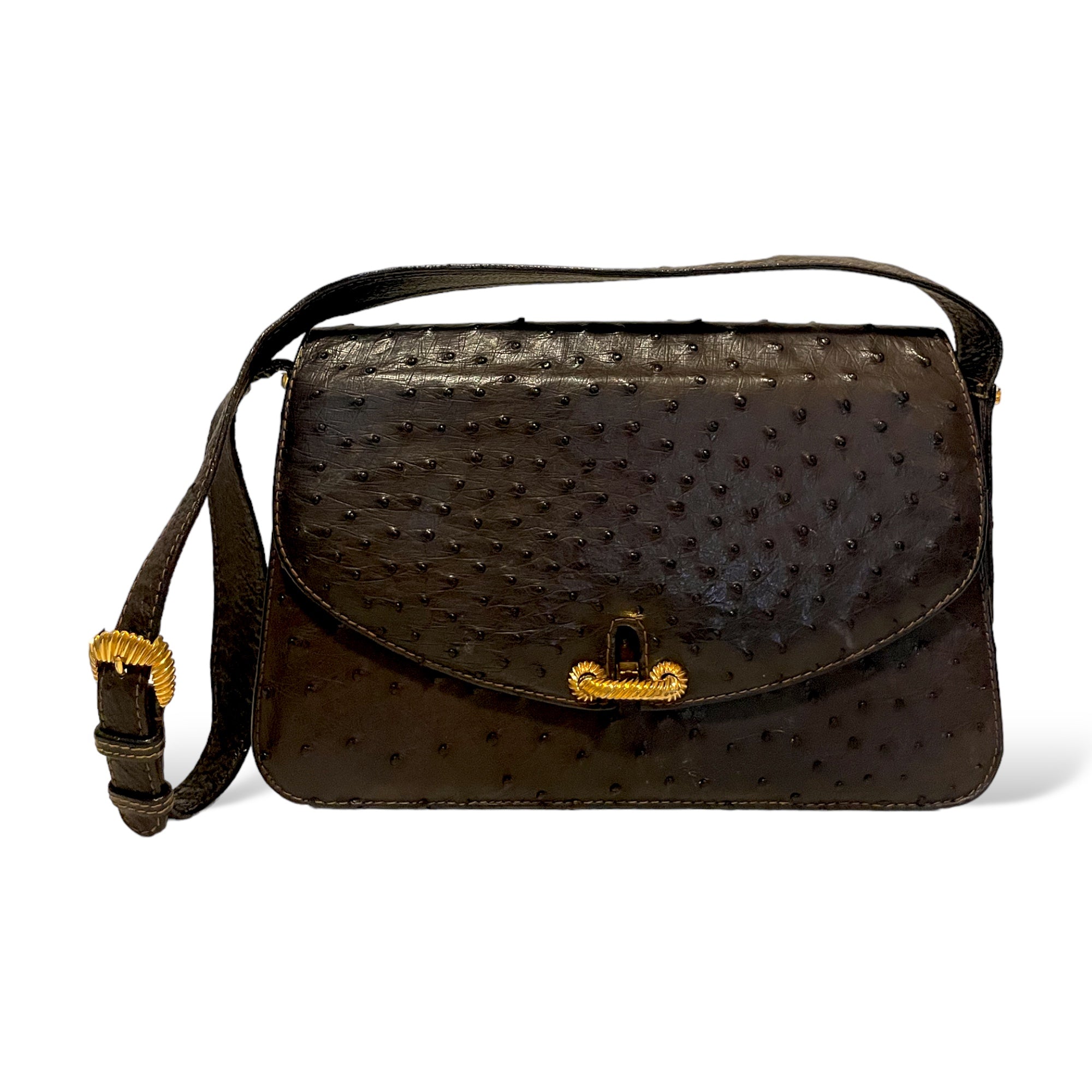 Gucci Vintage Circa 60’s Brown Ostrich leather & Braided Gold Hardware Detail Shoulder Bag