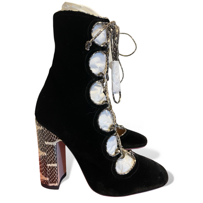 Valentino Garavani Black Velvet with Snake Skin Trim Lace up Ankle Booties - photo 5 of 12